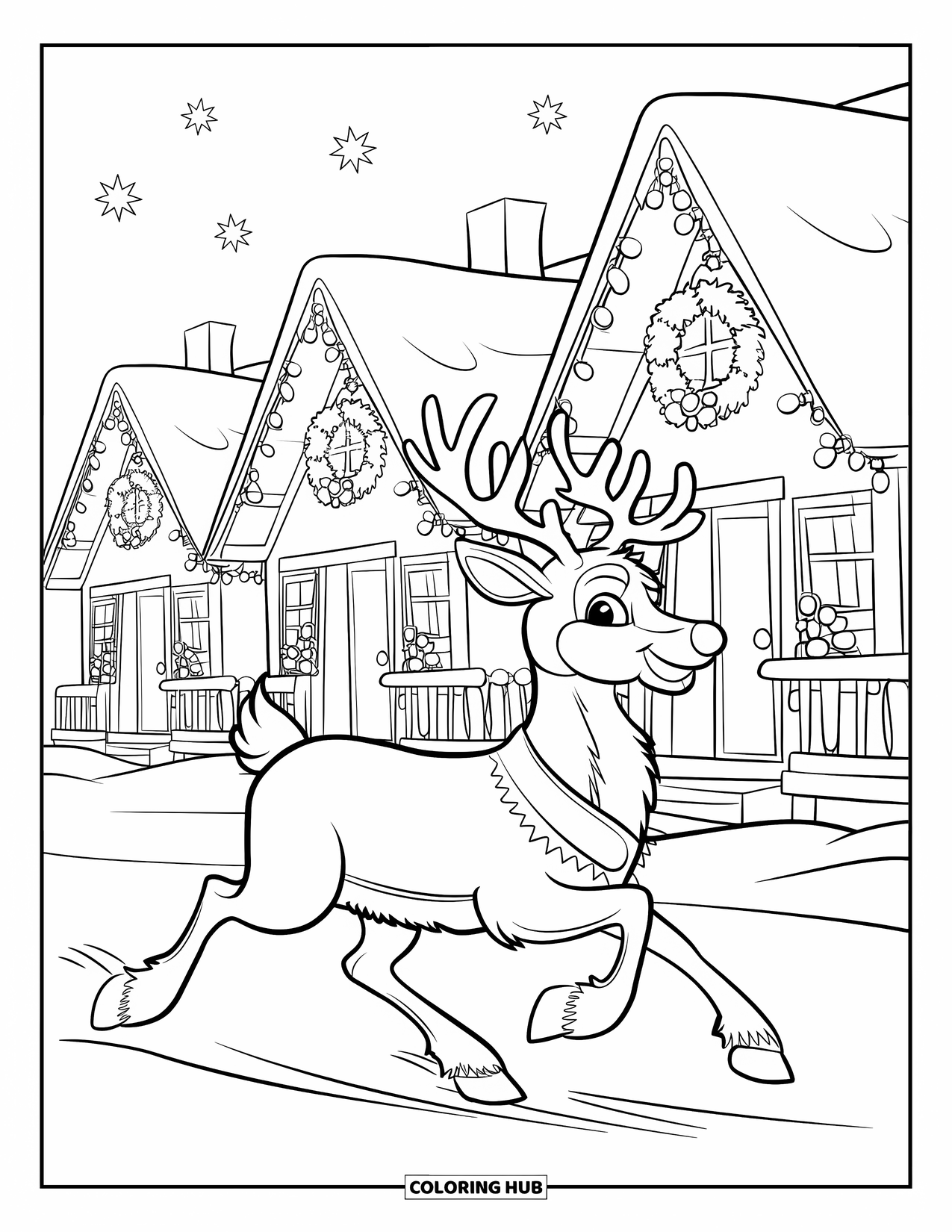 Christmas Reindeer Coloring Page for Kids: A reindeer in a red suit dashes past snowy cottages with stars