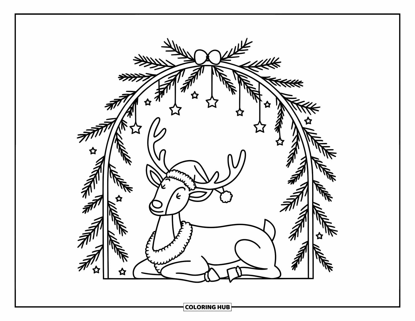 Christmas Reindeer Coloring Page for Kids: A reindeer in a Santa hat rests beneath a pine and star arch