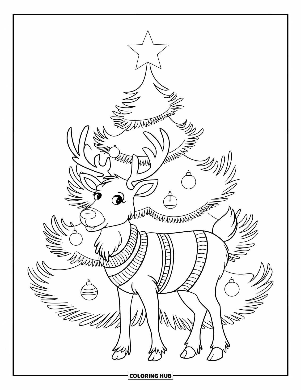 Christmas Reindeer Coloring Page for Kids: A reindeer in a sweater stands beside a garlanded tree on a clean white background
