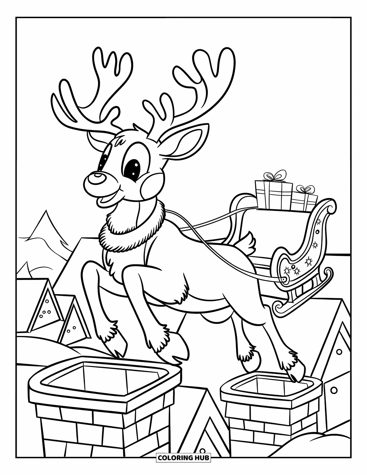 Christmas Reindeer Coloring Page for Kids: A reindeer leaps over chimneys pulling a sleigh filled with presents