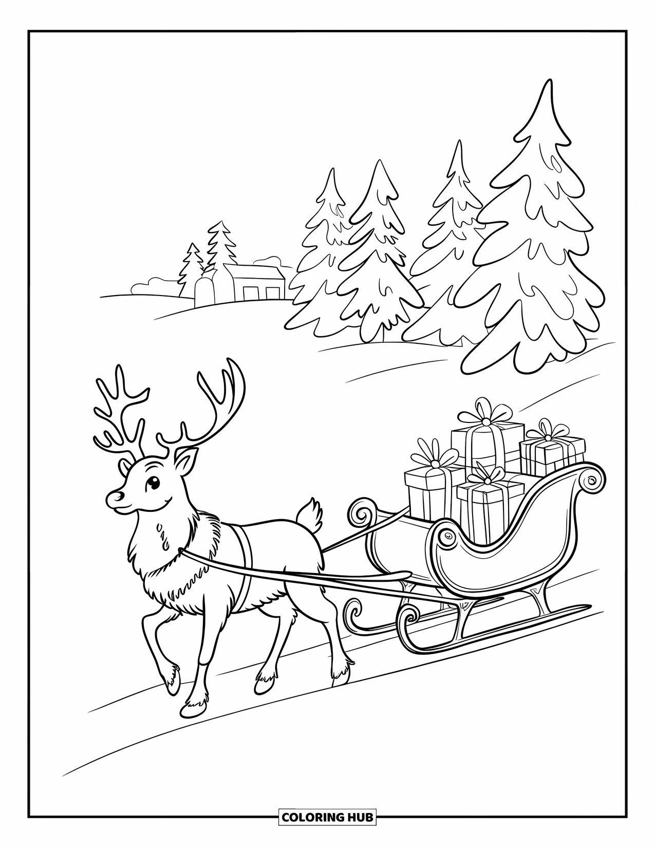 Christmas Reindeer Coloring Page for Kids: A reindeer pulls a gift-filled sleigh across a wide snowy plain with a building