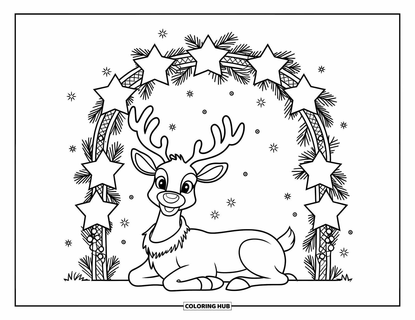 Christmas Reindeer Coloring Page for Kids: A reindeer relaxes under a festive arch of pine branches and stars