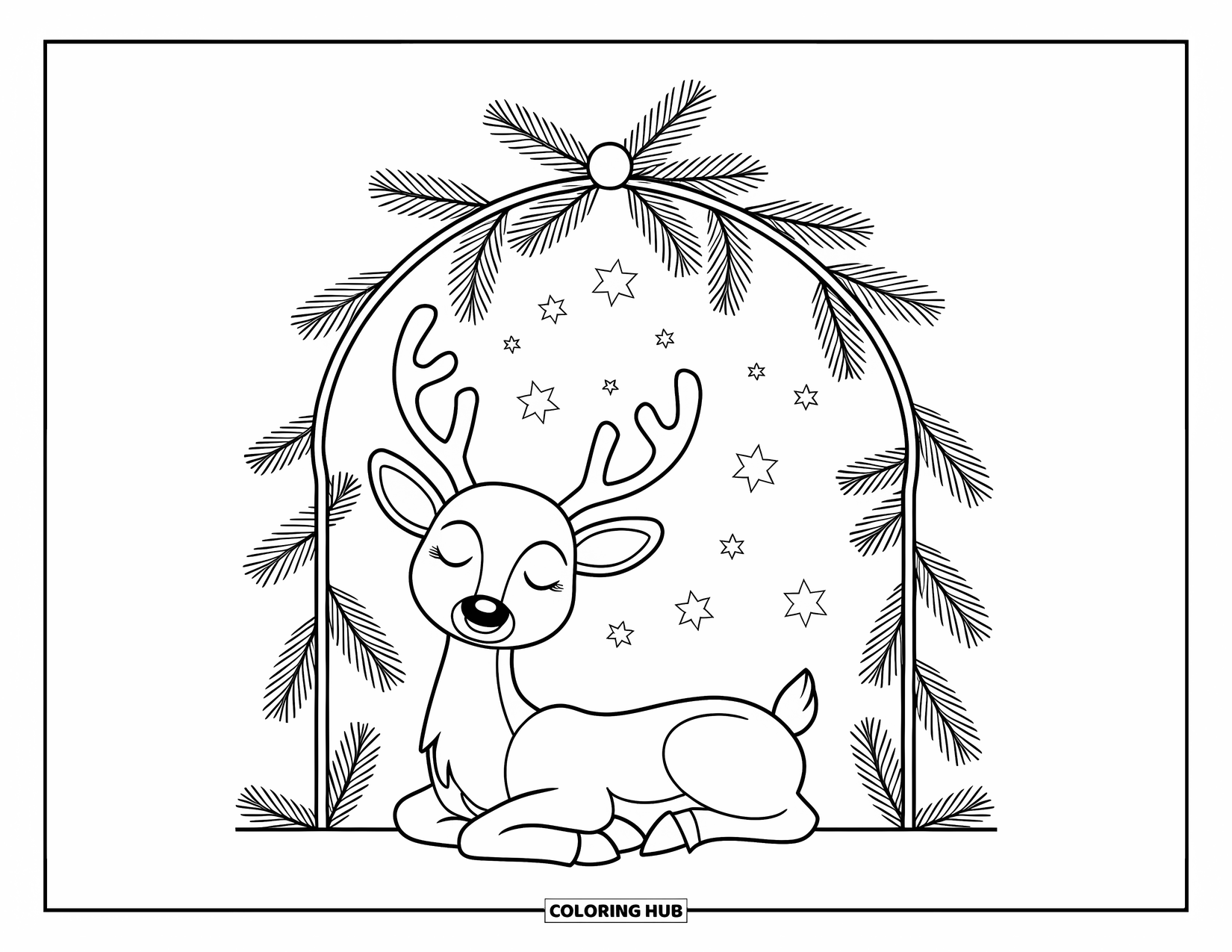 Christmas Reindeer Coloring Page for Kids: A reindeer rests peacefully beneath a pine archway decorated with stars