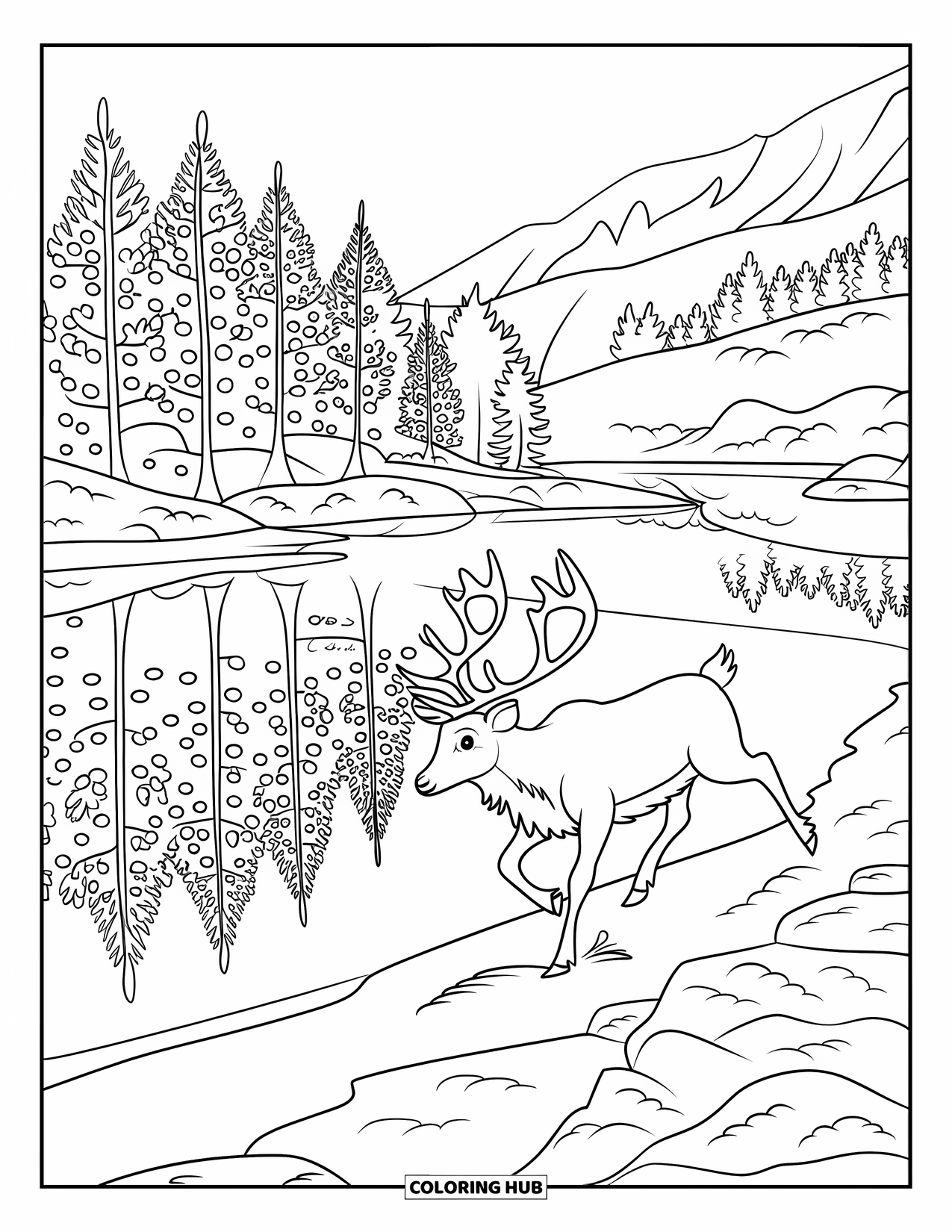 Christmas Reindeer Coloring Page for Kids: A reindeer runs along a frozen lake with snowy mountains behind
