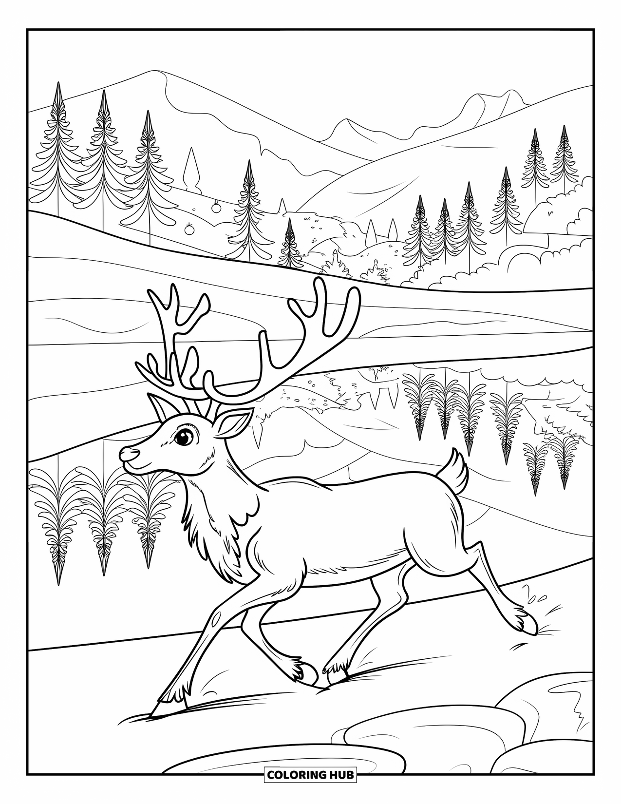 Christmas Reindeer Coloring Page for Kids: A reindeer runs beside a frozen lake reflecting twinkling forest lights