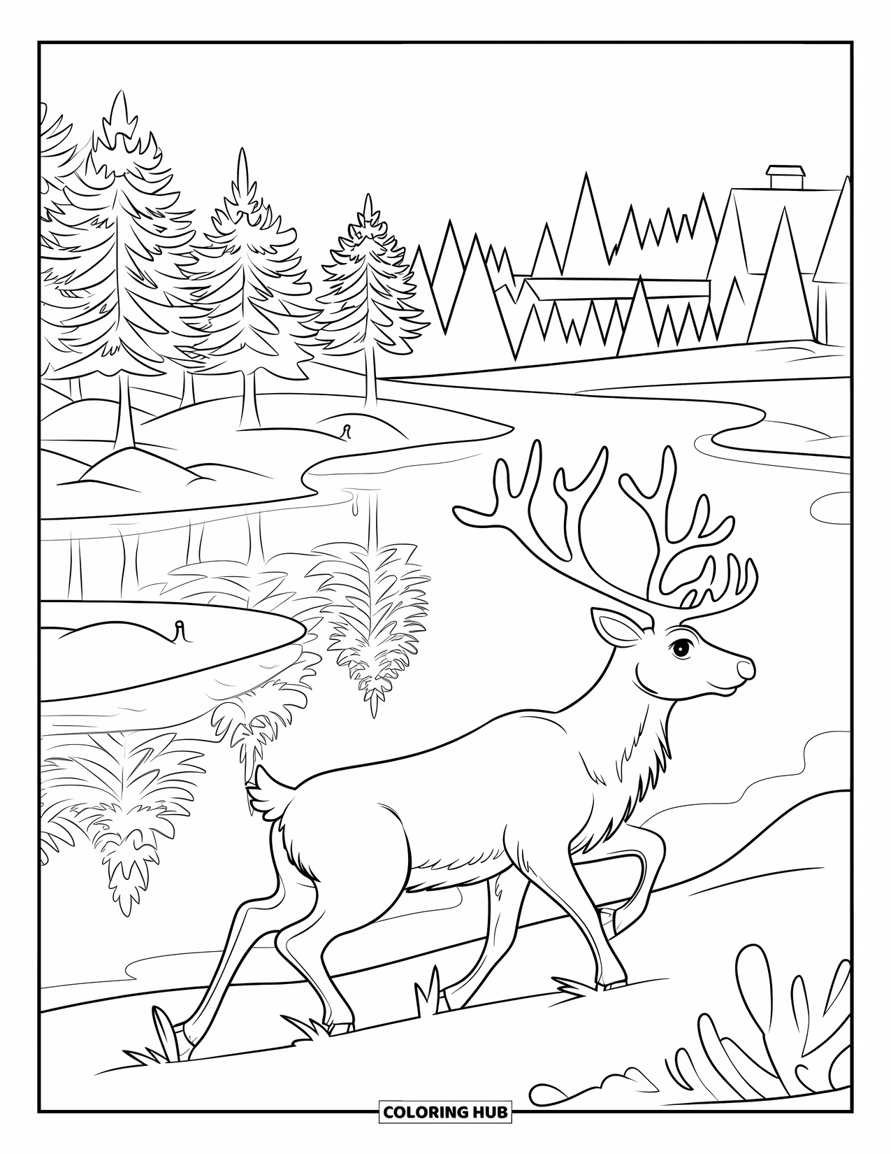 Christmas Reindeer Coloring Page for Kids: A reindeer runs by a frozen lake reflecting snowy forests and homes