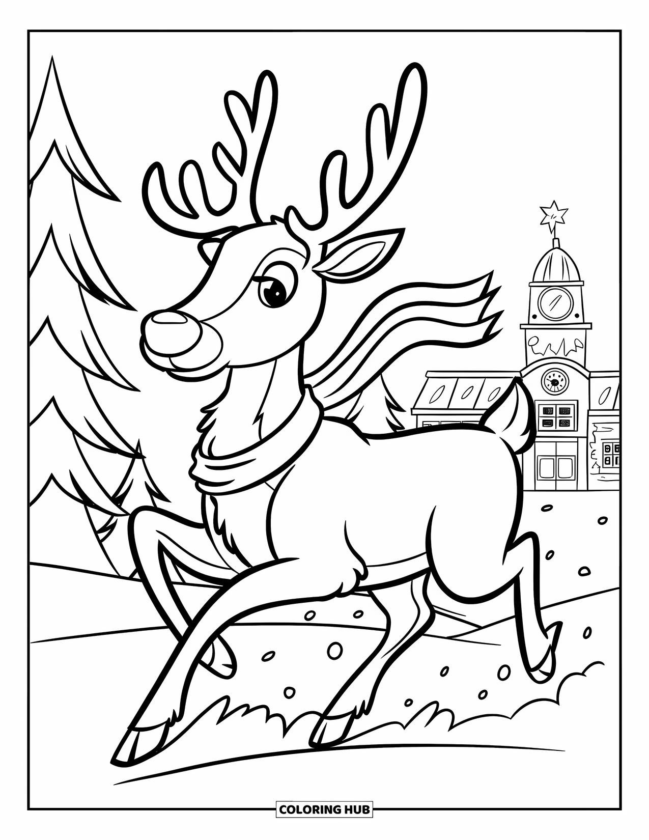 Christmas Reindeer Coloring Page for Kids: A reindeer runs with its scarf flying past snowy trees and a tower