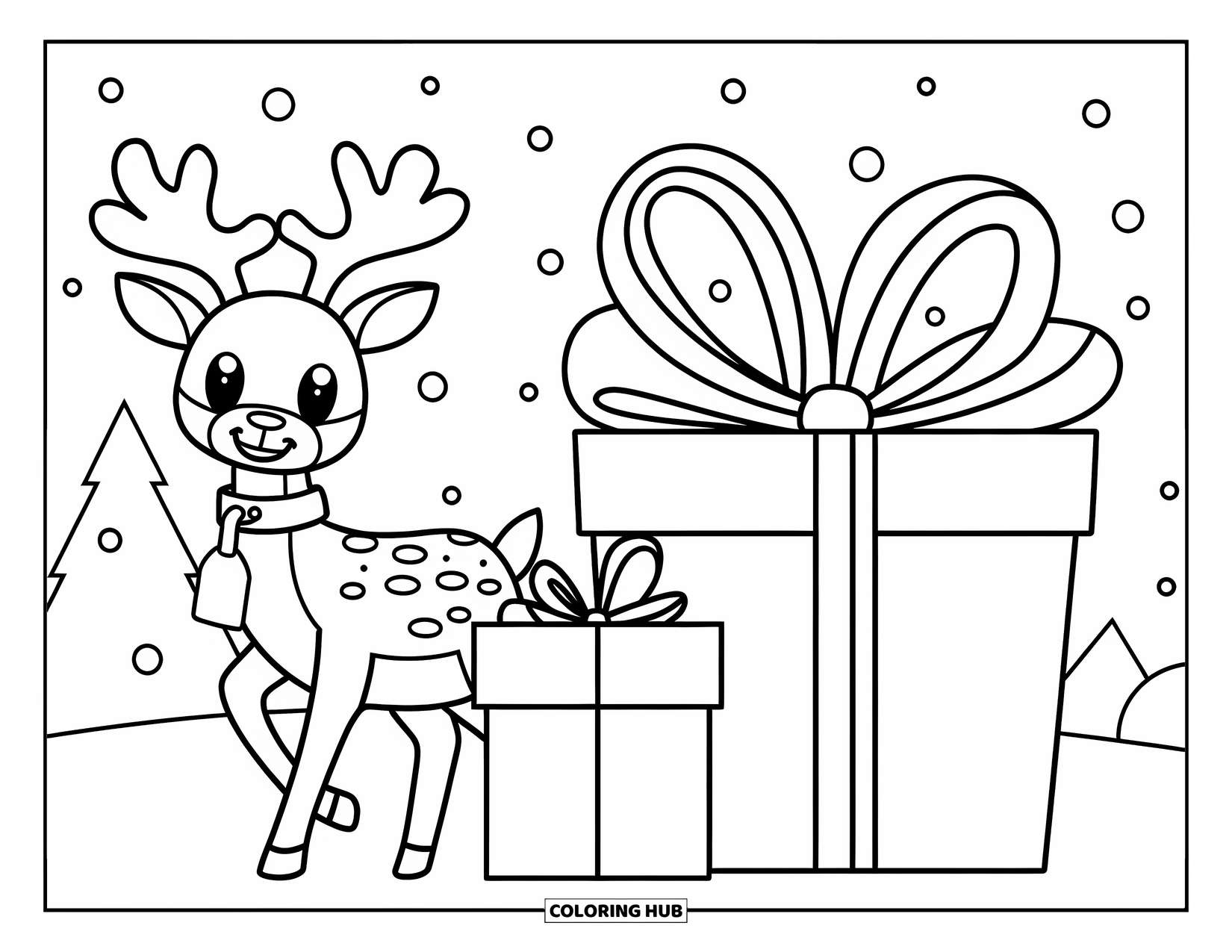 Christmas Reindeer Coloring Page for Kids: A reindeer stands near a snowy gift tied with a festive bow