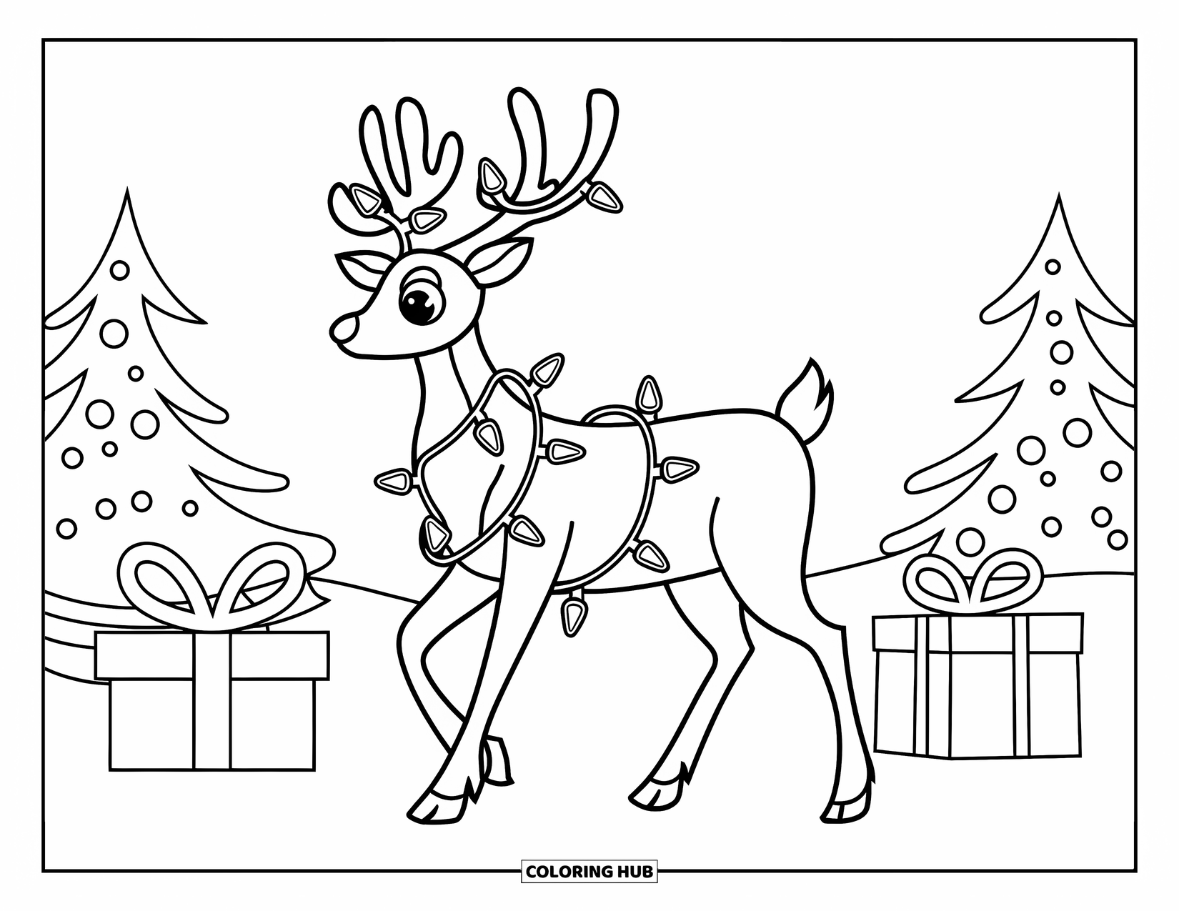 Christmas Reindeer Coloring Page for Kids: A reindeer stands with antlers tangled in glowing Christmas lights