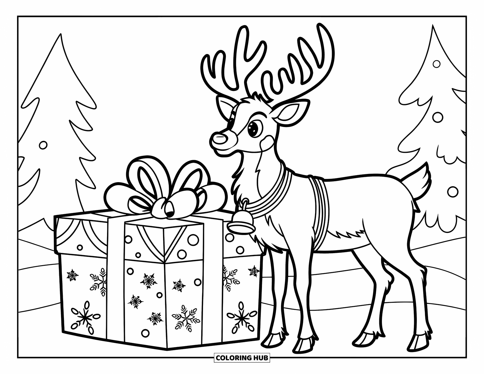 Christmas Reindeer Coloring Page for Kids: A reindeer with a bell stands by a snowy present wrapped in paper