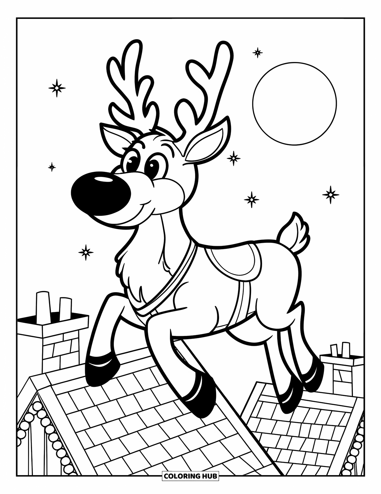 Christmas Reindeer Coloring Page for Kids: A reindeer with a big nose and red saddle glides over chimneys under a full moon