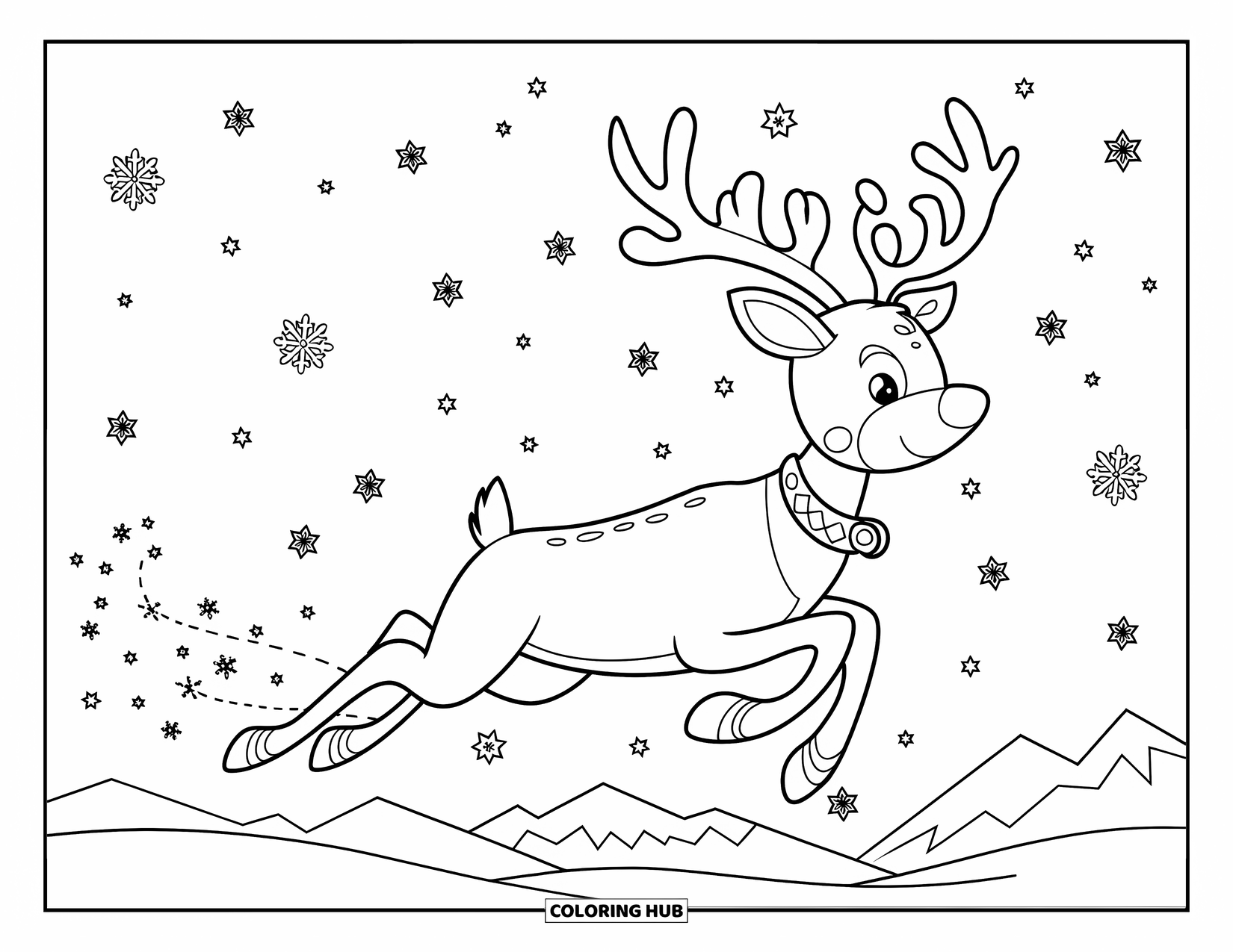 Christmas Reindeer Coloring Page for Kids: A reindeer with a red nose flies across a snowy, starry sky