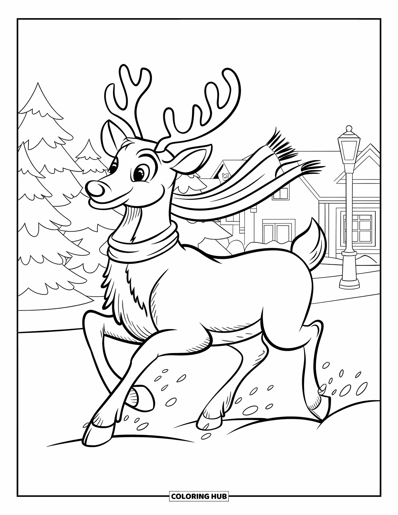 Christmas Reindeer Coloring Page for Kids: A reindeer with a red nose gallops past a house and street lamp