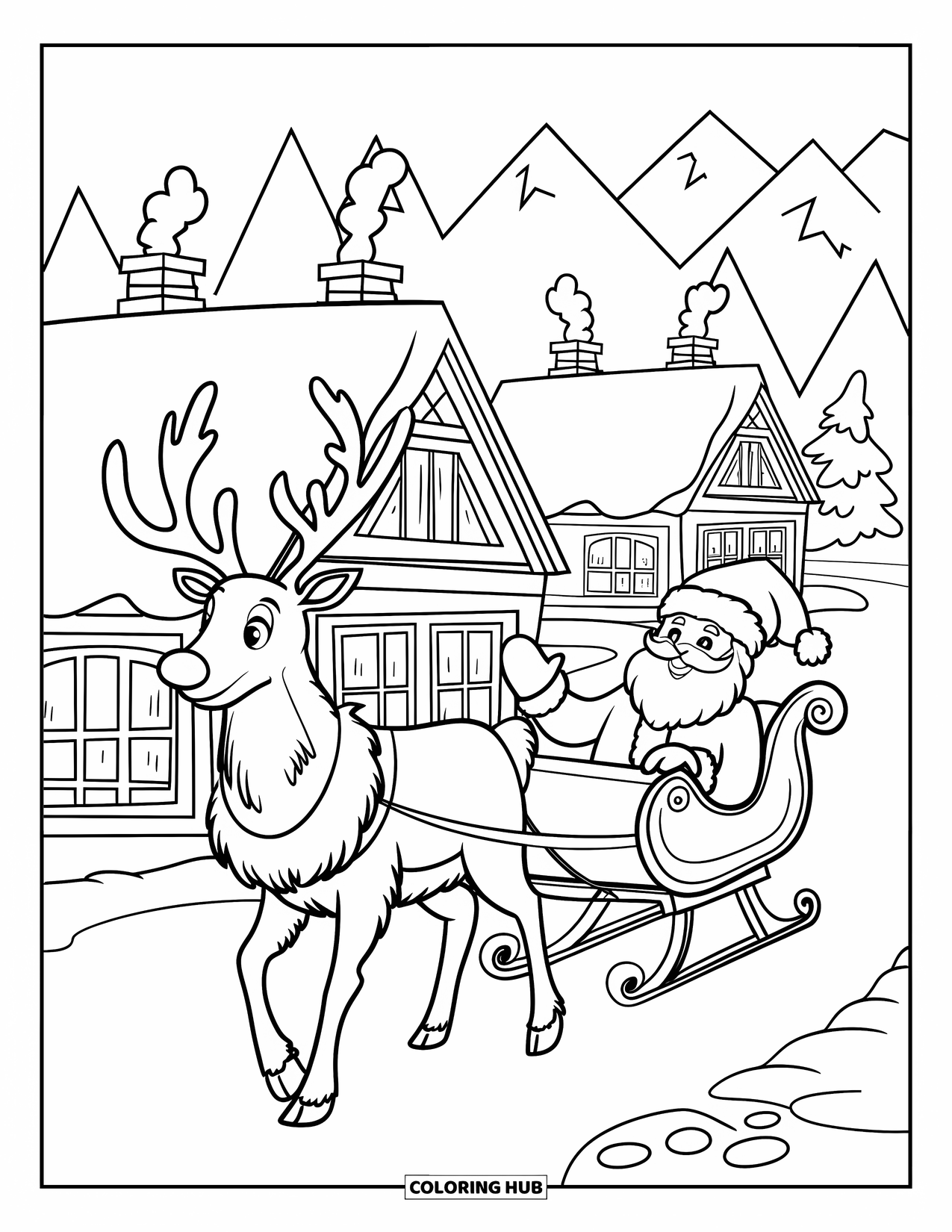 Christmas Reindeer Coloring Page for Kids: A reindeer with a shiny nose pulls Santa's sleigh past chimney smoke