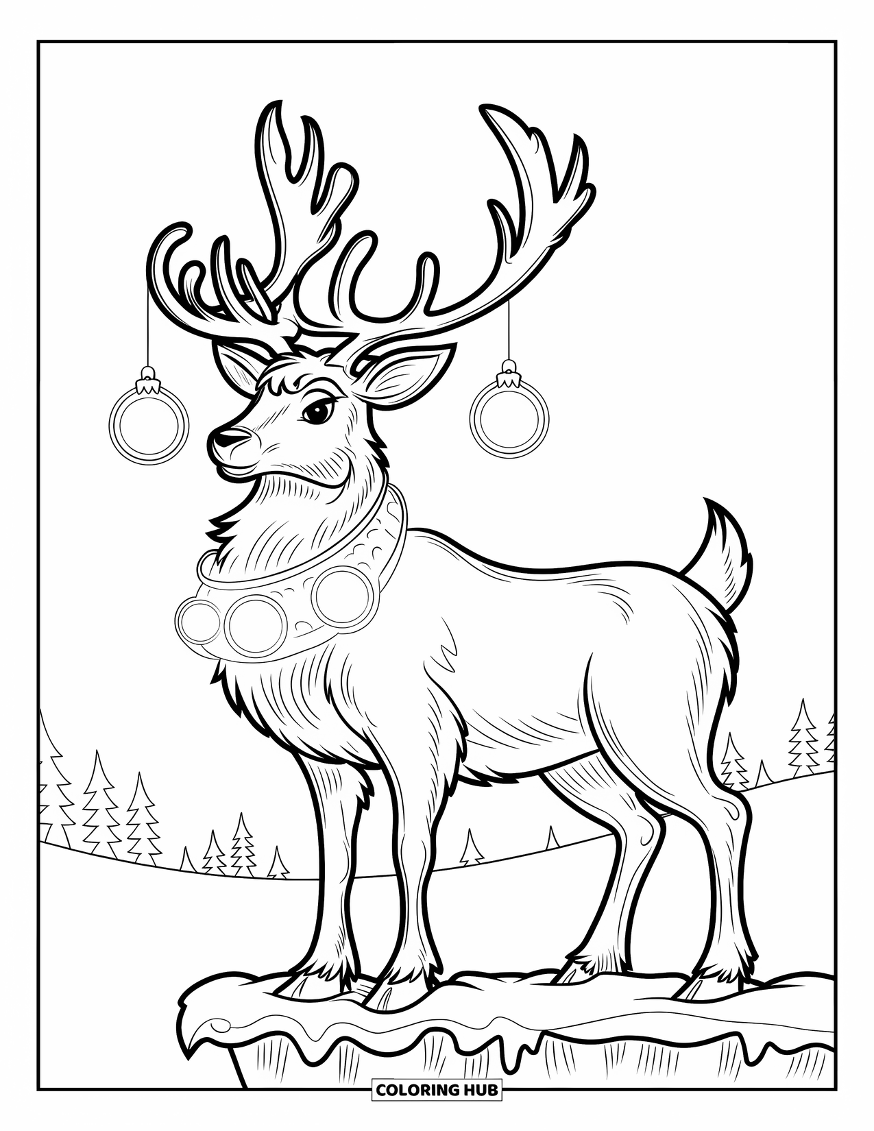 Christmas Reindeer Coloring Page for Kids: A reindeer with glowing ornaments stands tall in a snowy winter scene