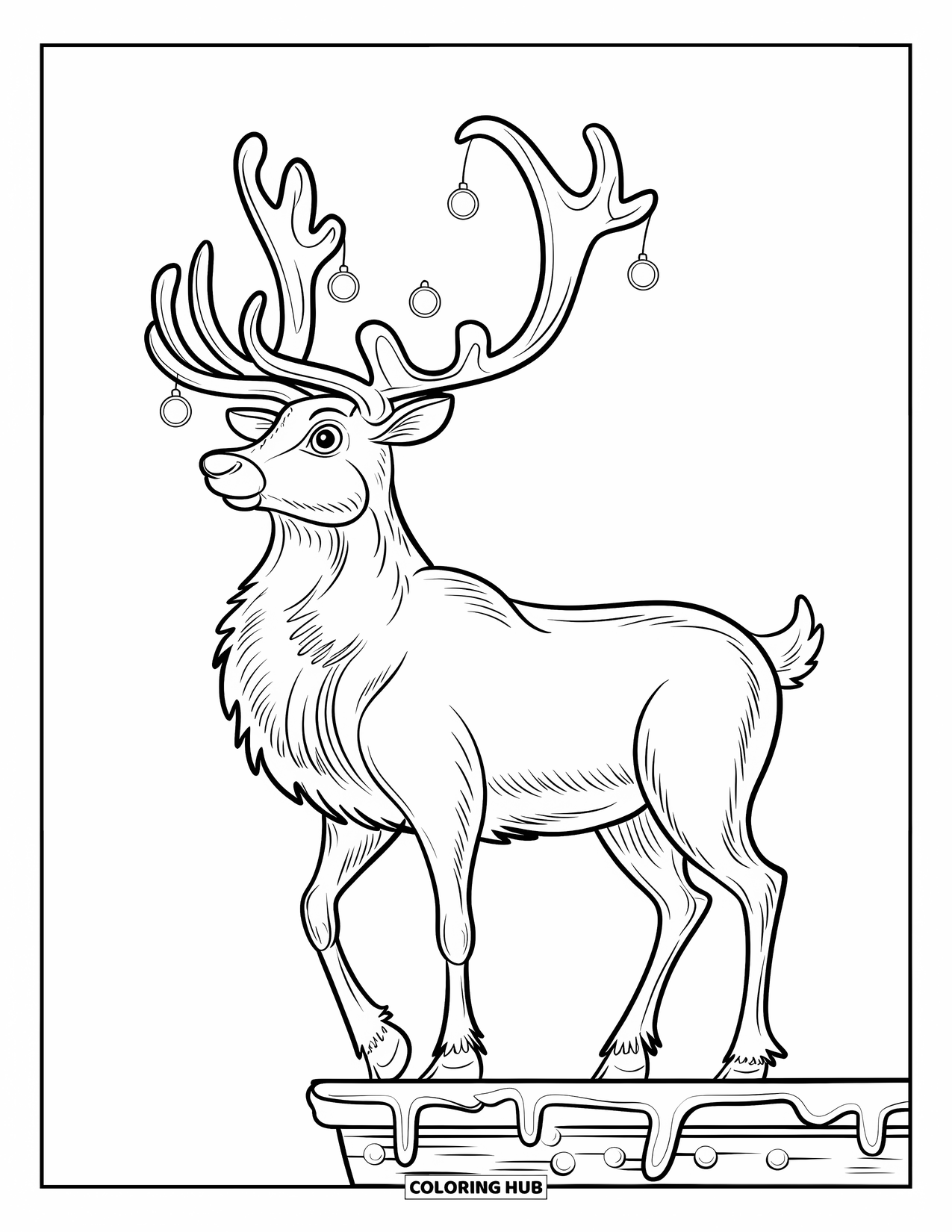 Christmas Reindeer Coloring Page for Kids: A reindeer with ornaments on its antlers stands proudly on snowy ground