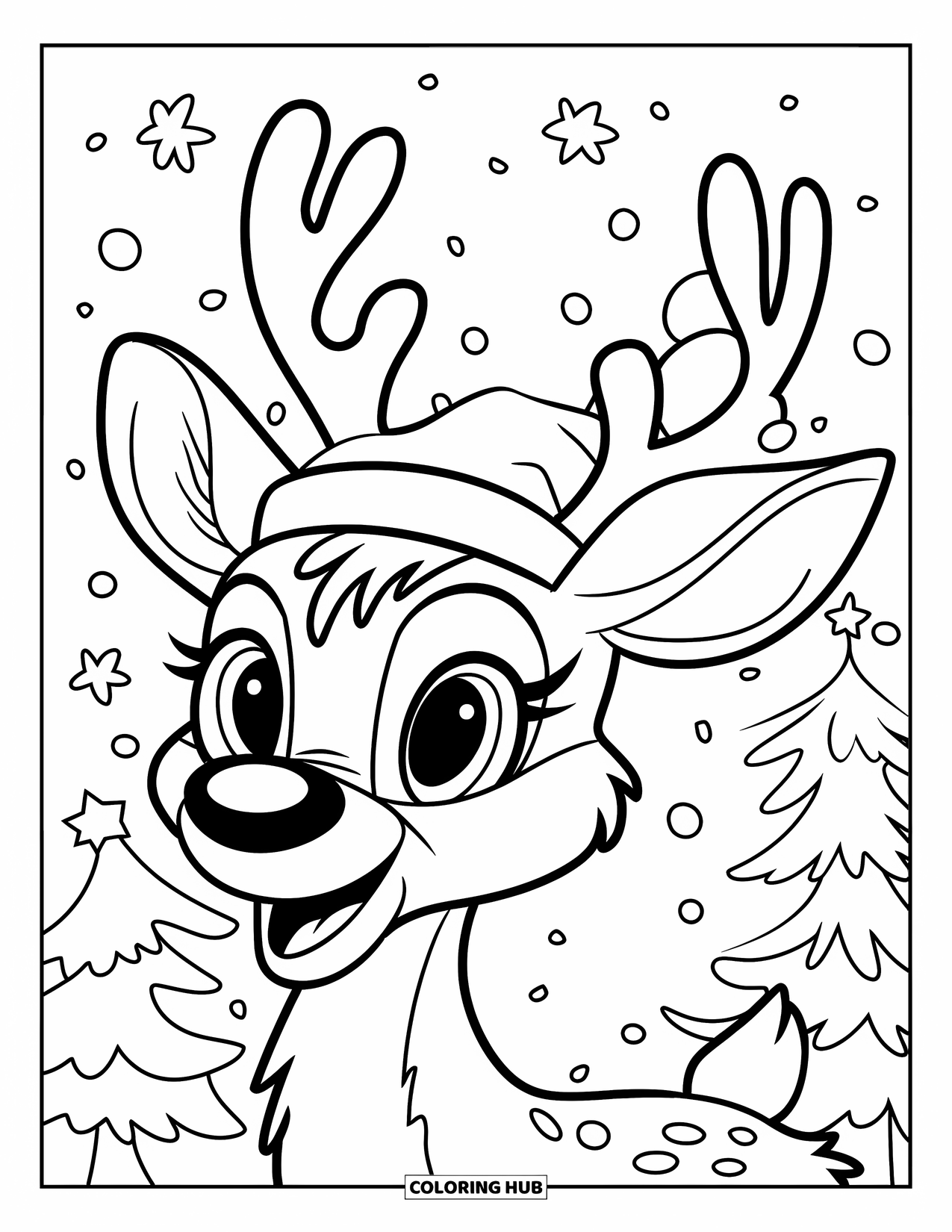 Christmas Reindeer Coloring Page for Kids: A Santa-hatted red-nosed reindeer catches snowflakes near Christmas trees