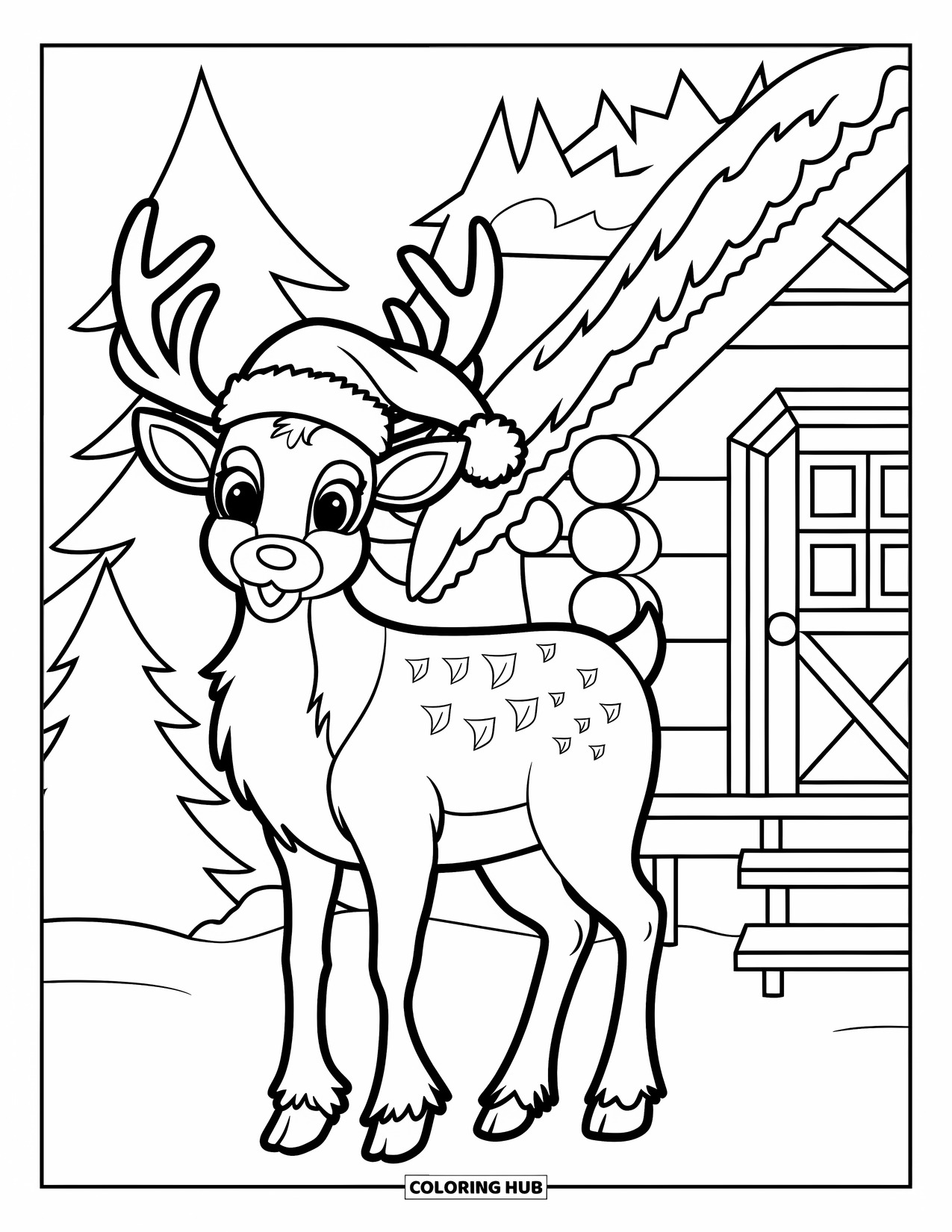 Christmas Reindeer Coloring Page for Kids: A Santa-hatted red-nosed reindeer stands before a cozy wooden cabin with tall pines