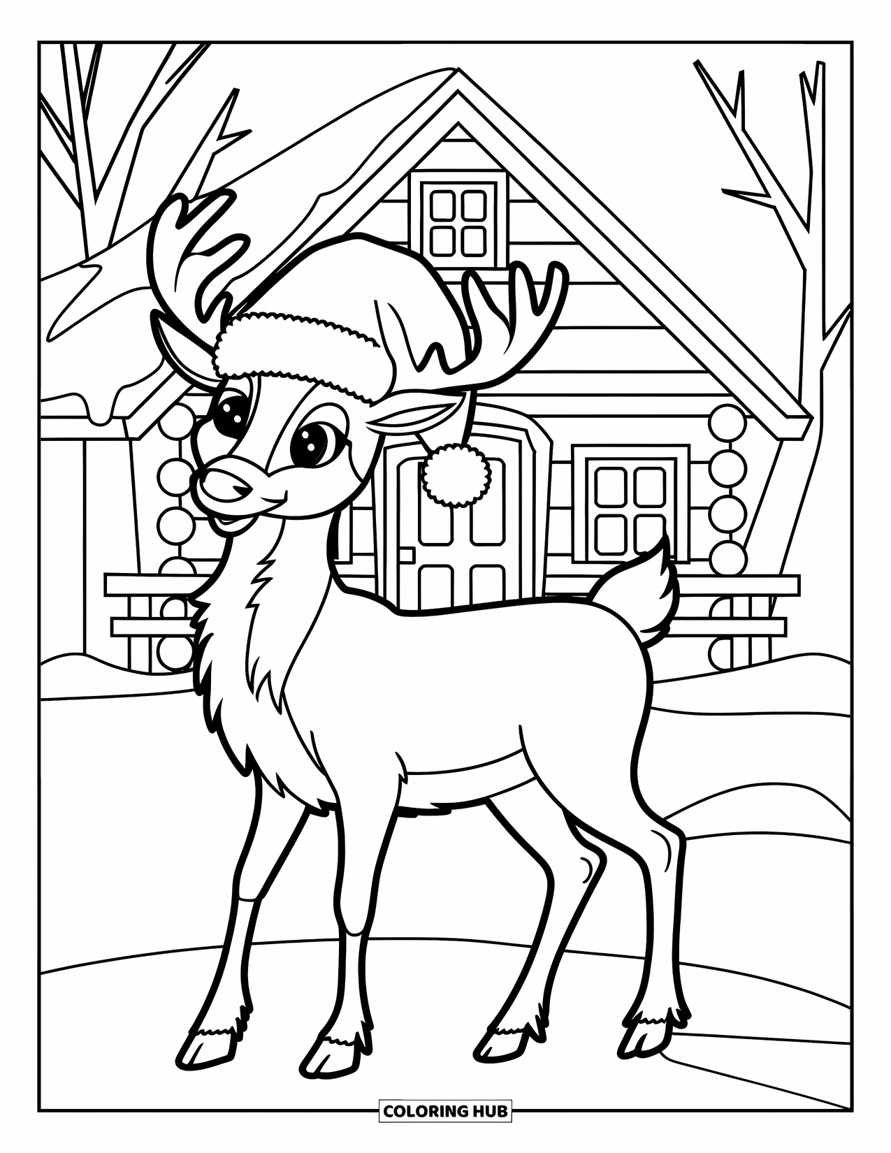 Christmas Reindeer Coloring Page for Kids: A Santa-hatted reindeer poses in front of a snowy cabin with a few trees behind