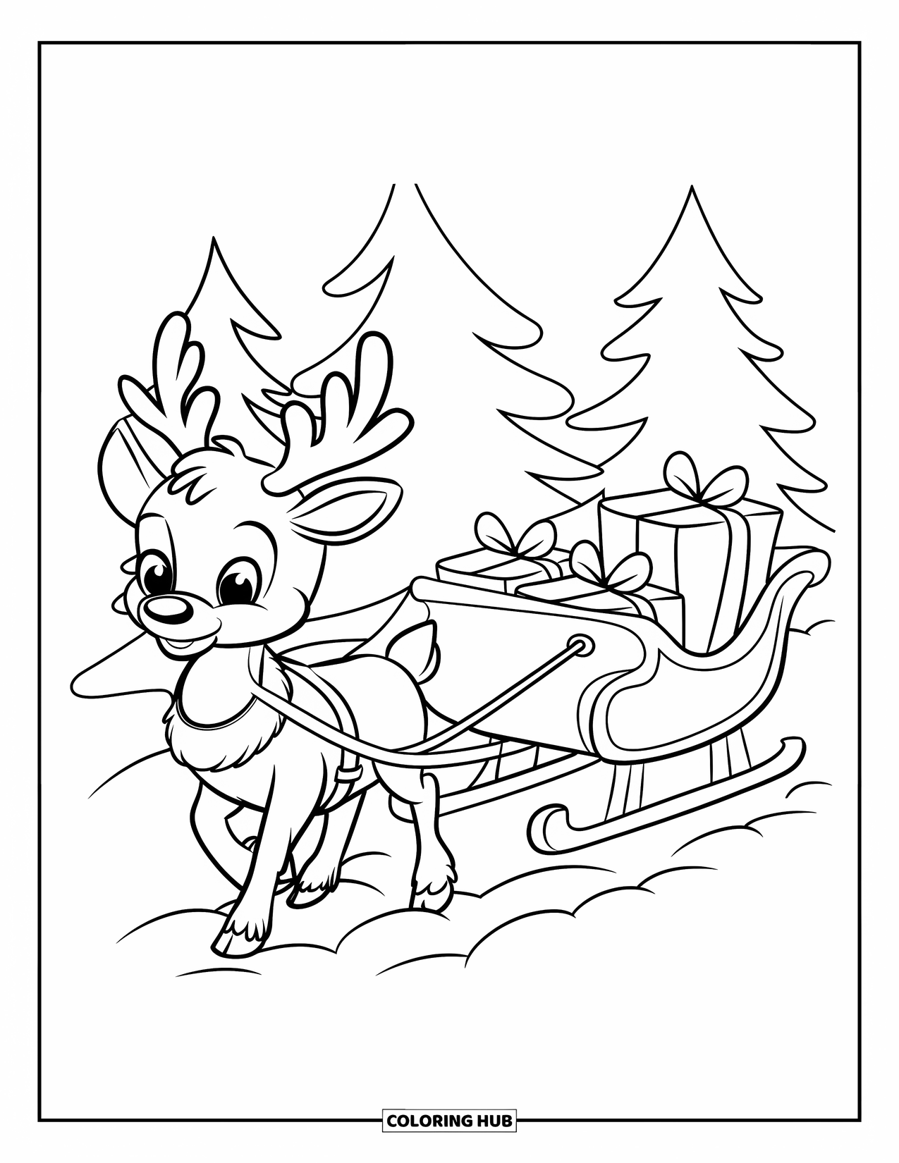 Christmas Reindeer Coloring Page for Kids: A small reindeer gently pulls a present-filled sleigh through fluffy snow and trees