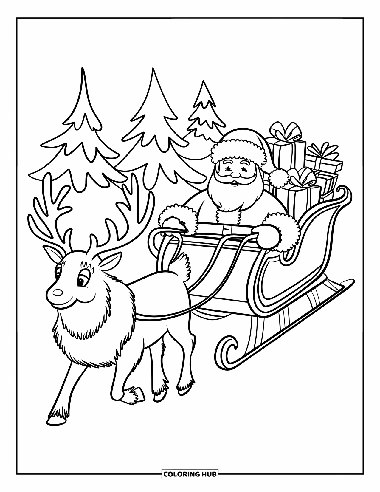 Christmas Reindeer Coloring Page for Kids: Santa rides a reindeer-pulled sleigh loaded with presents past snowy pine trees