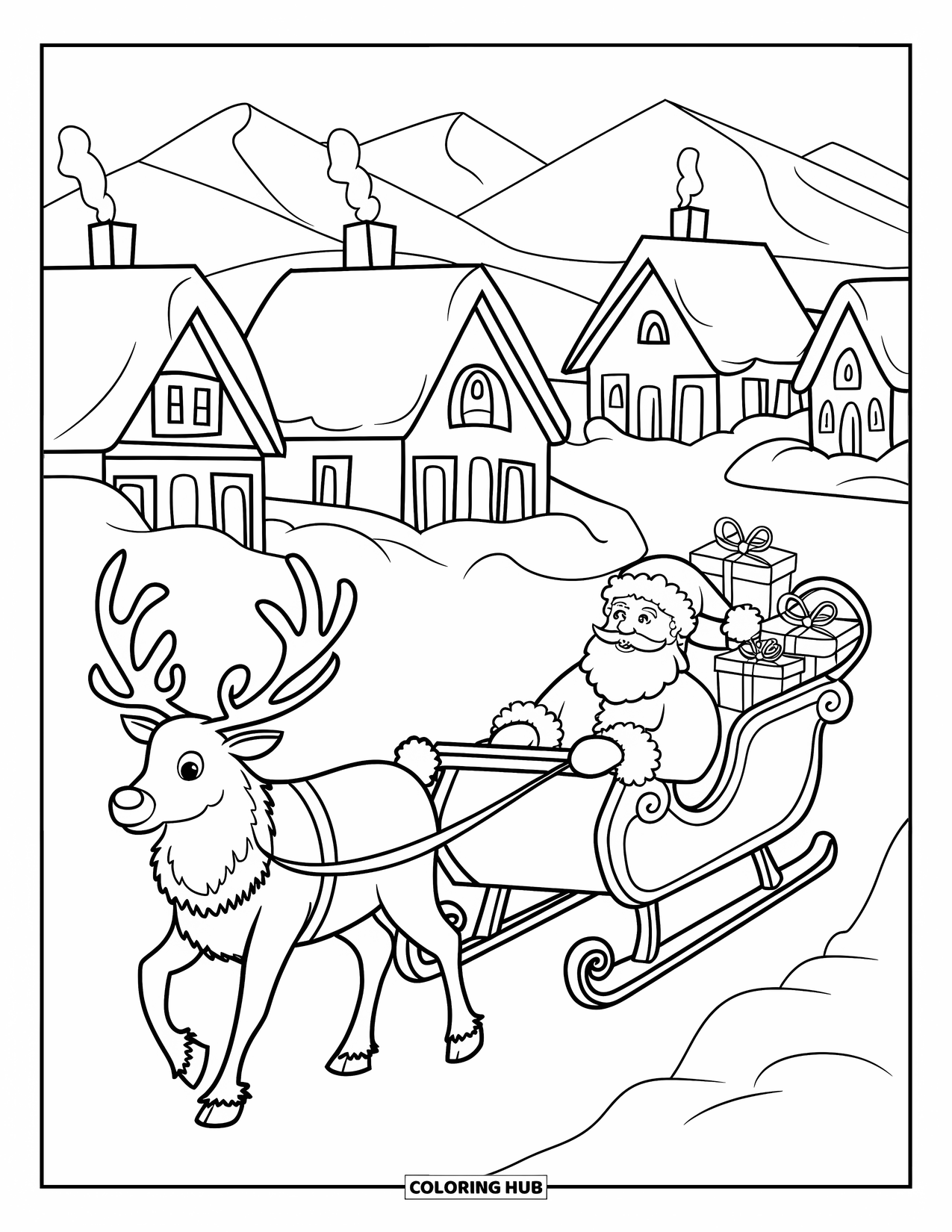 Christmas Reindeer Coloring Page for Kids: Santa's sleigh loaded with presents is pulled by a shiny-nosed reindeer