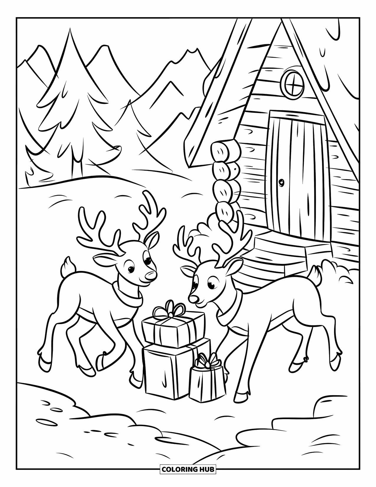 Christmas Reindeer Coloring Page for Kids: Two collared reindeer frolic near presents by a cabin on a snowy path with mountains