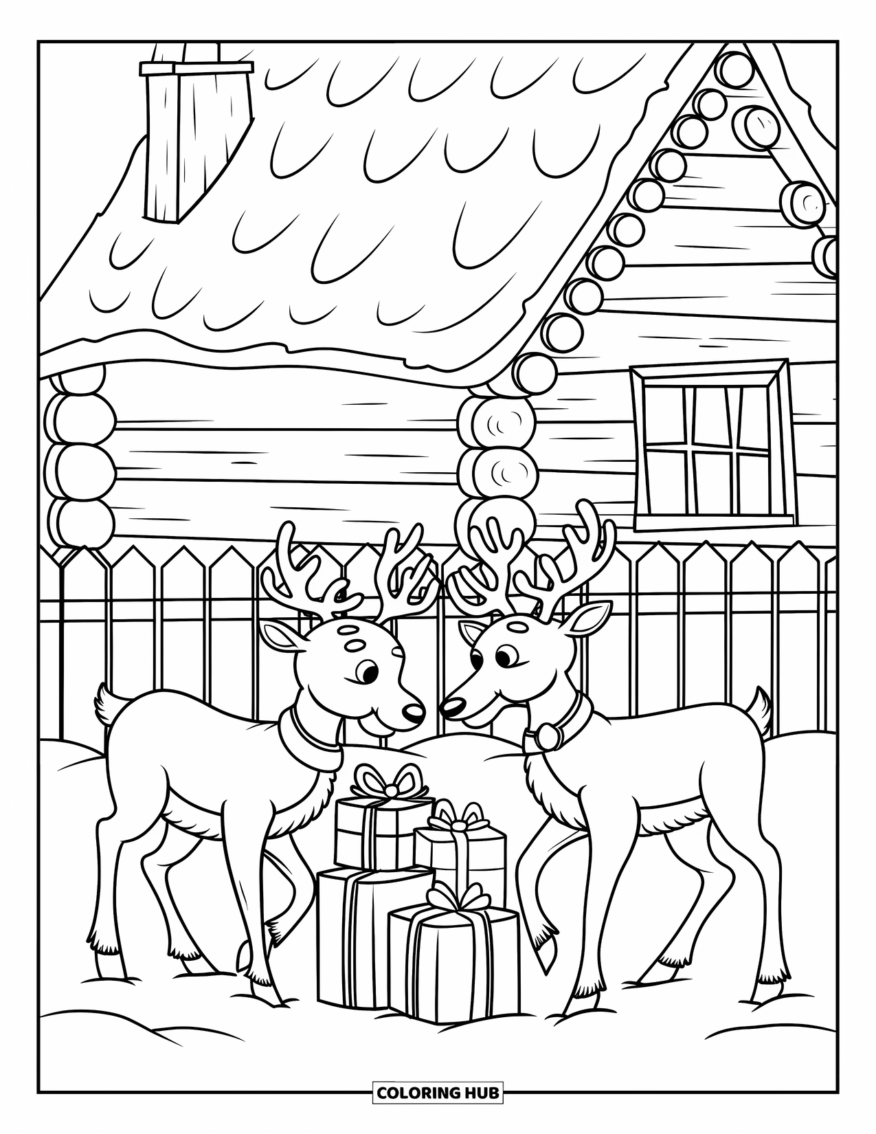 Christmas Reindeer Coloring Page for Kids: Two collared reindeer play beside a stack of presents near a fenced log cabin