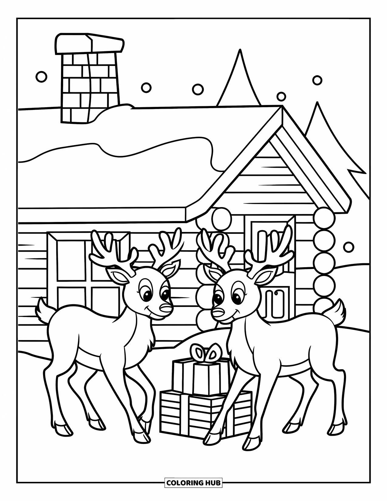 Christmas Reindeer Coloring Page for Kids: Two reindeer play on snowy ground by a chimneyed cabin and distant trees
