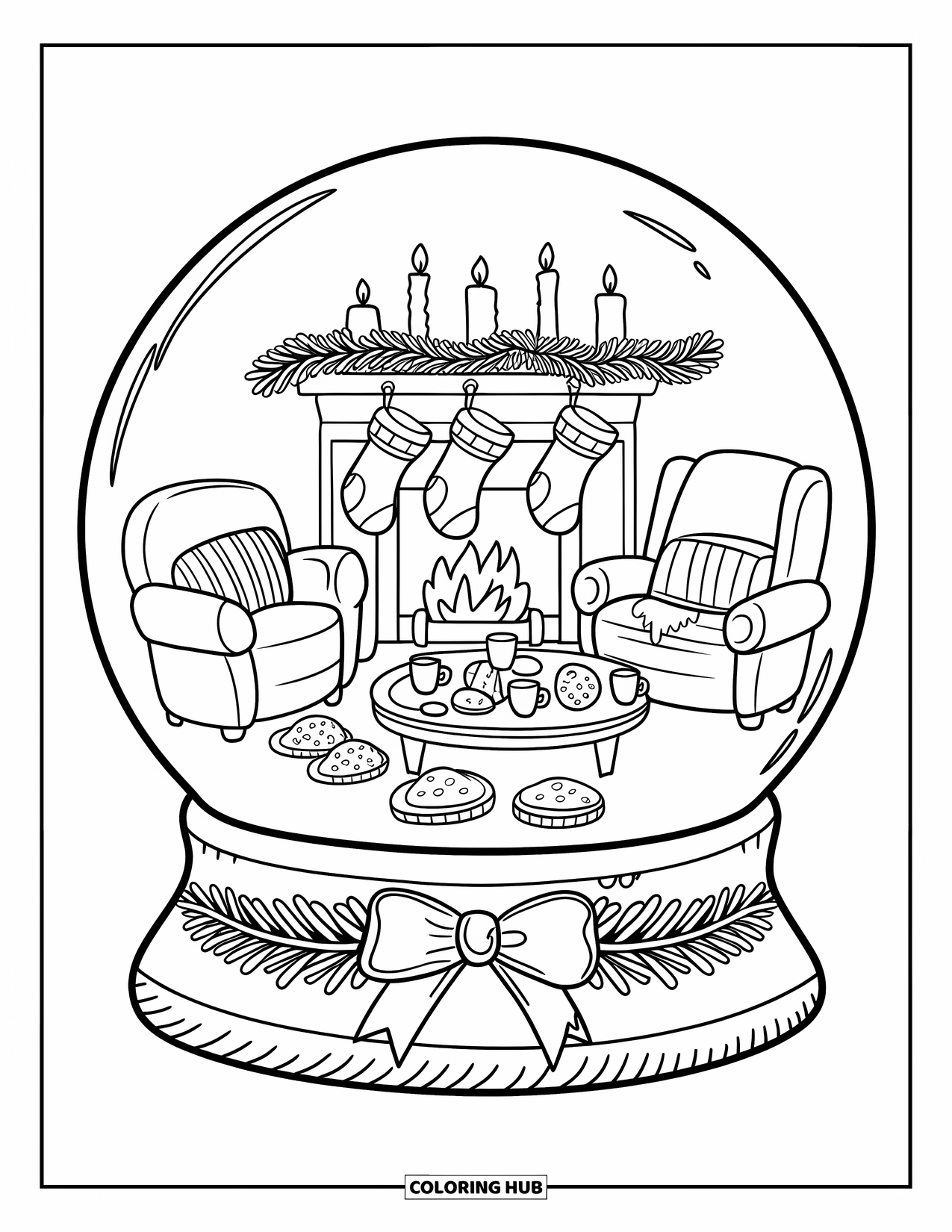 Christmas Snow Globe Coloring Page for Adults: A Christmas living room with slippers, cookies, mugs, and a glowing fireplace