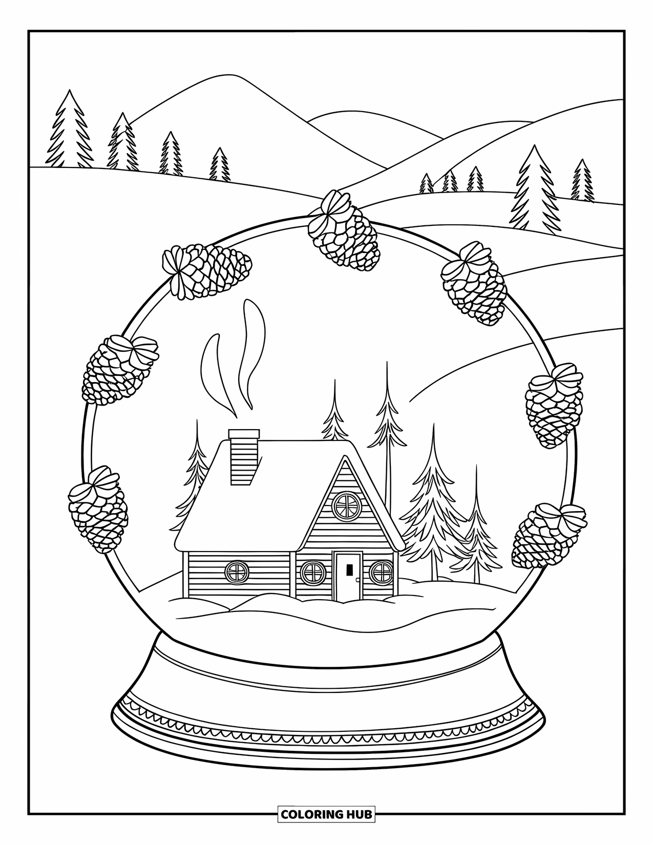 Christmas Snow Globe Coloring Page for Adults: A cozy cabin with chimney smoke inside a snow globe with pinecone vines