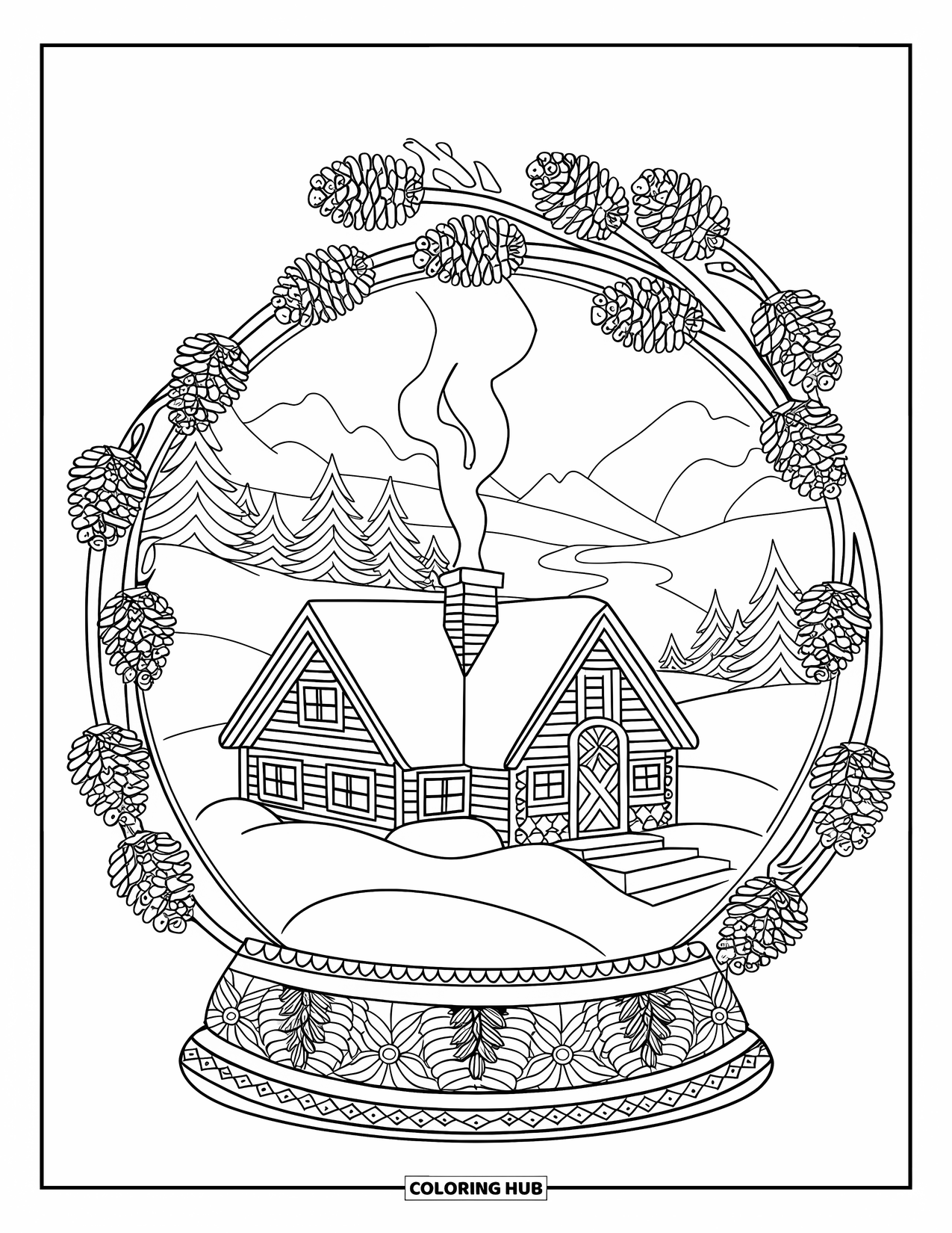 Christmas Snow Globe Coloring Page for Adults: A cozy winter cabin with pinecone mandalas inside a snow globe