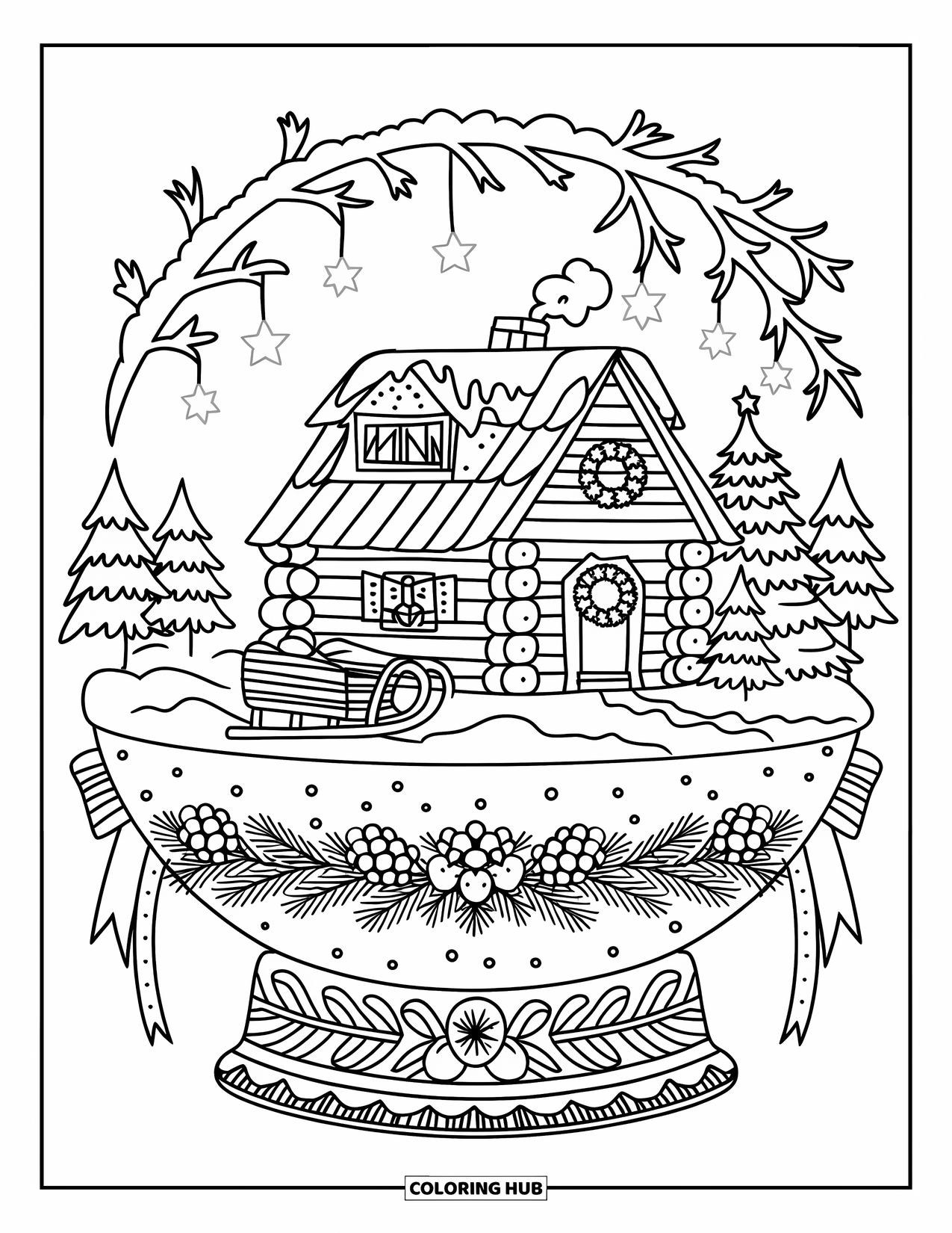 Christmas Snow Globe Coloring Page for Adults: A festive log cabin with smoke, stars, wreath, and snowy footprints