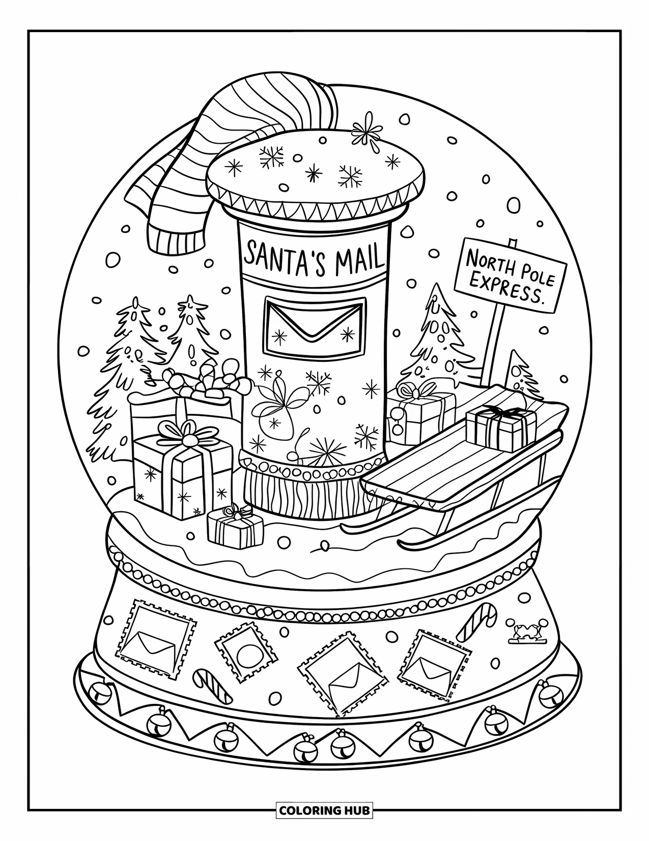 Christmas Snow Globe Coloring Page for Adults: A postbox labeled ìSantaís Mailî with letters, parcels, and a sled nearby
