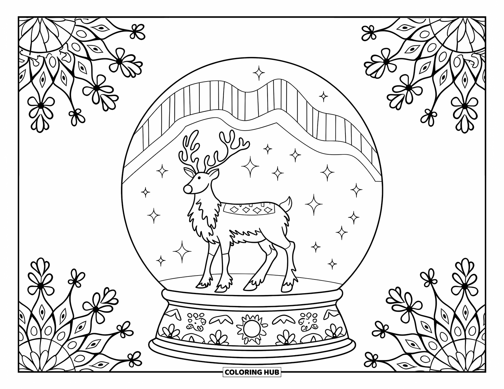 Christmas Snow Globe Coloring Page for Adults: A reindeer in a snow globe surrounded by ornate winter mandalas