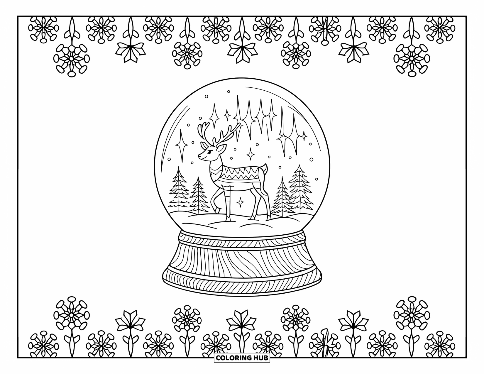 Christmas Snow Globe Coloring Page for Adults: A reindeer under the Northern Lights in a snow globe with floral borders