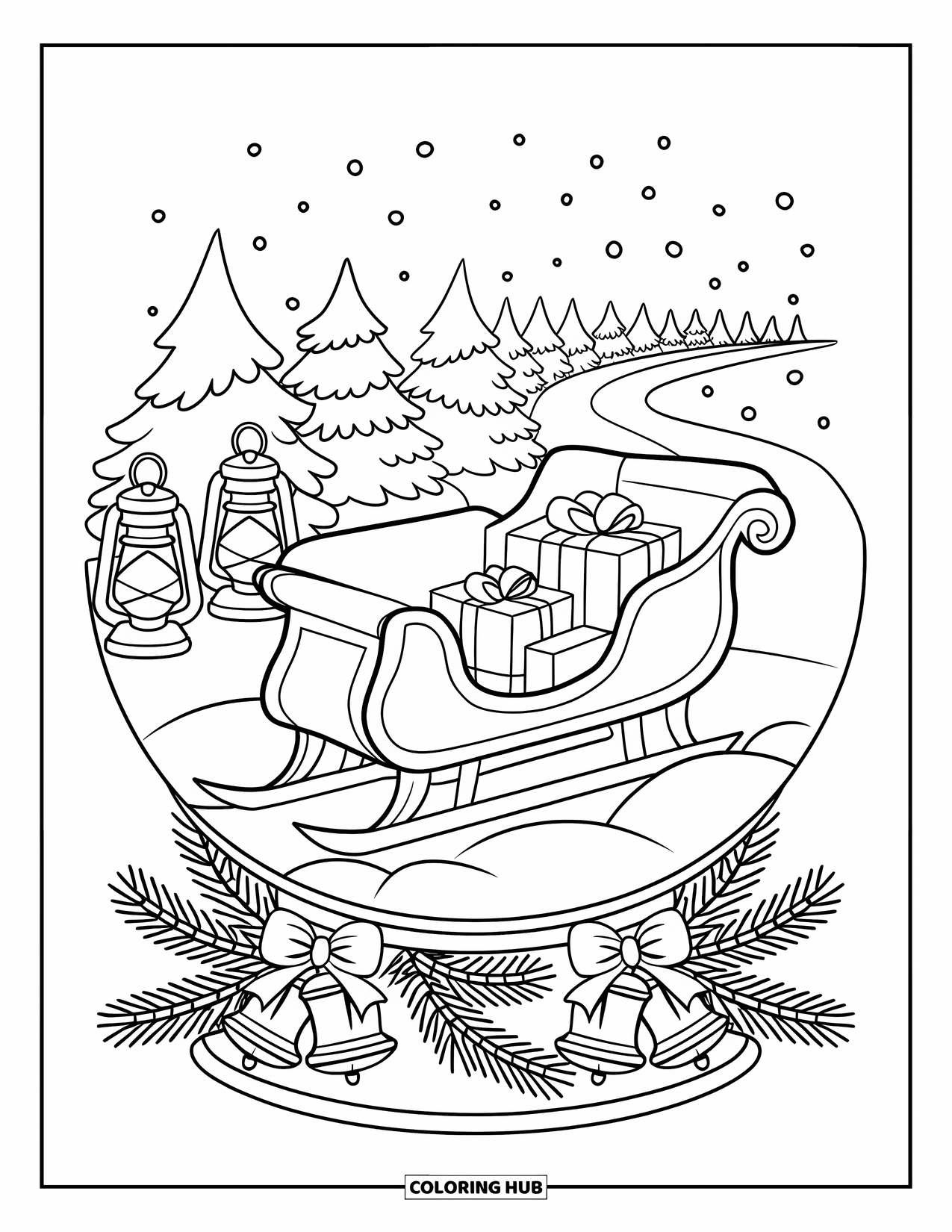 Christmas Snow Globe Coloring Page for Adults: A sleigh filled with gifts rests under snowy trees with glowing lanterns