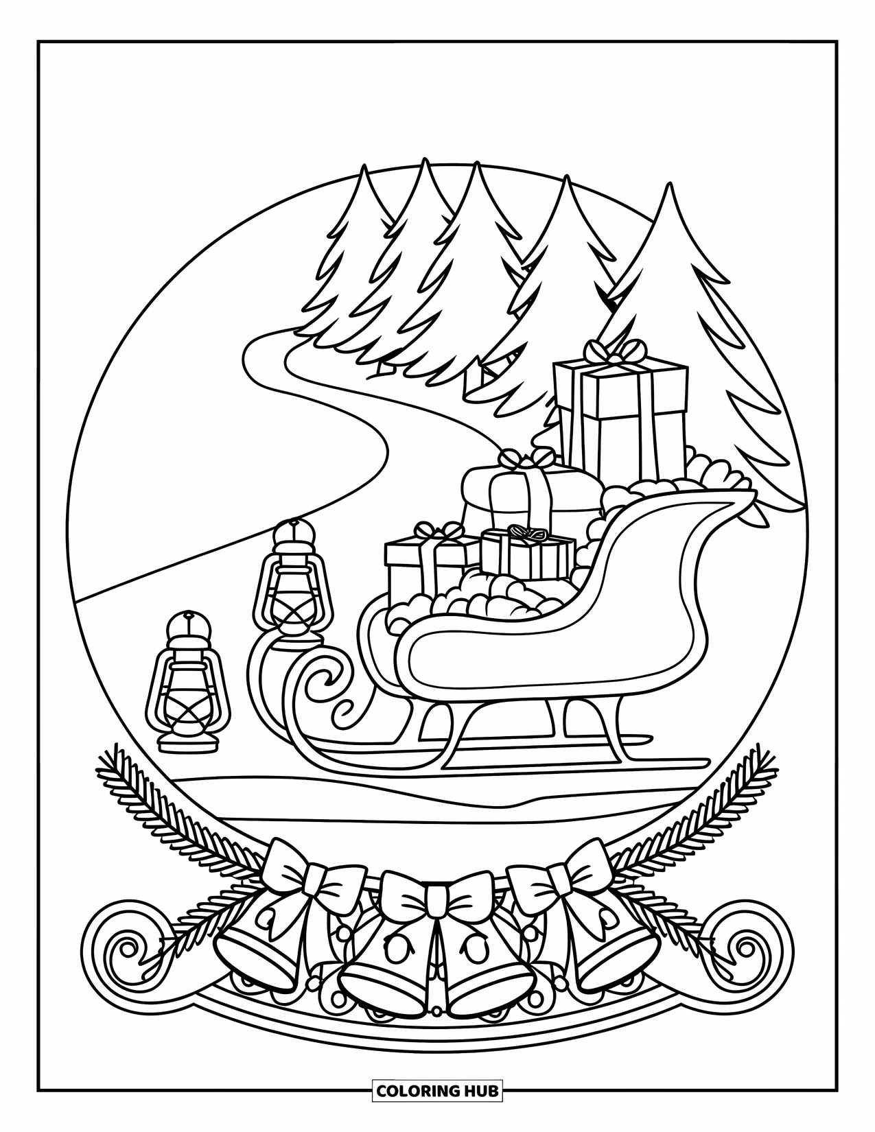 Christmas Snow Globe Coloring Page for Adults: A sleigh with soft blankets and gifts sits near lanterns and pine trees