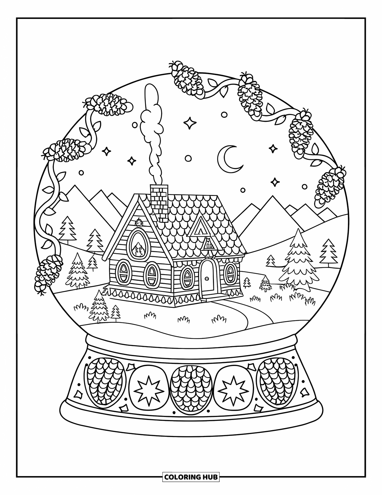Christmas Snow Globe Coloring Page for Adults: A snow globe with a cabin, pinecone vines, and a crescent moon sky