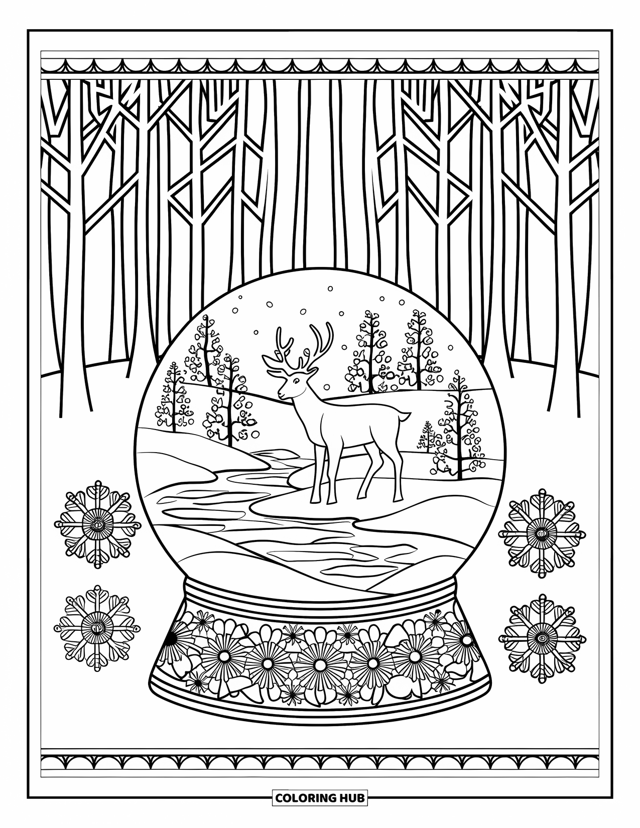 Christmas Snow Globe Coloring Page for Adults: A snow globe with a deer by a river surrounded by floral mandalas