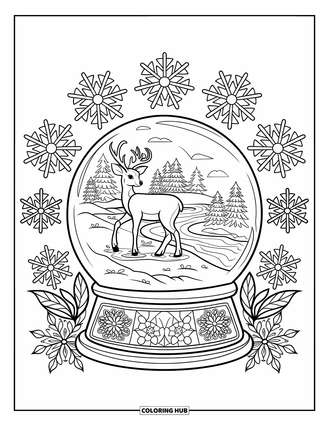 Christmas Snow Globe Coloring Page for Adults: A snow globe with a deer standing by a snowy river and floral mandalas