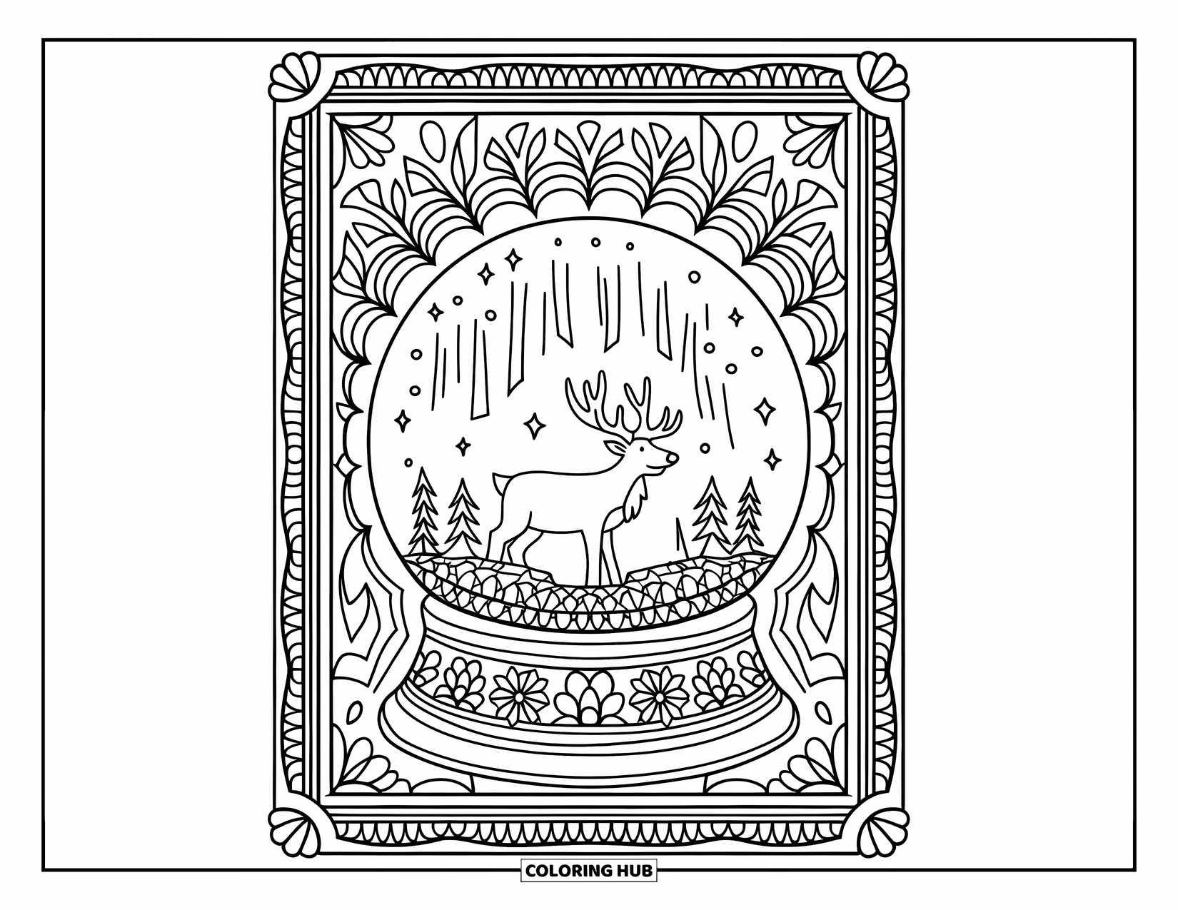 Christmas Snow Globe Coloring Page for Adults: A snow globe with a reindeer under the Northern Lights and floral mandalas