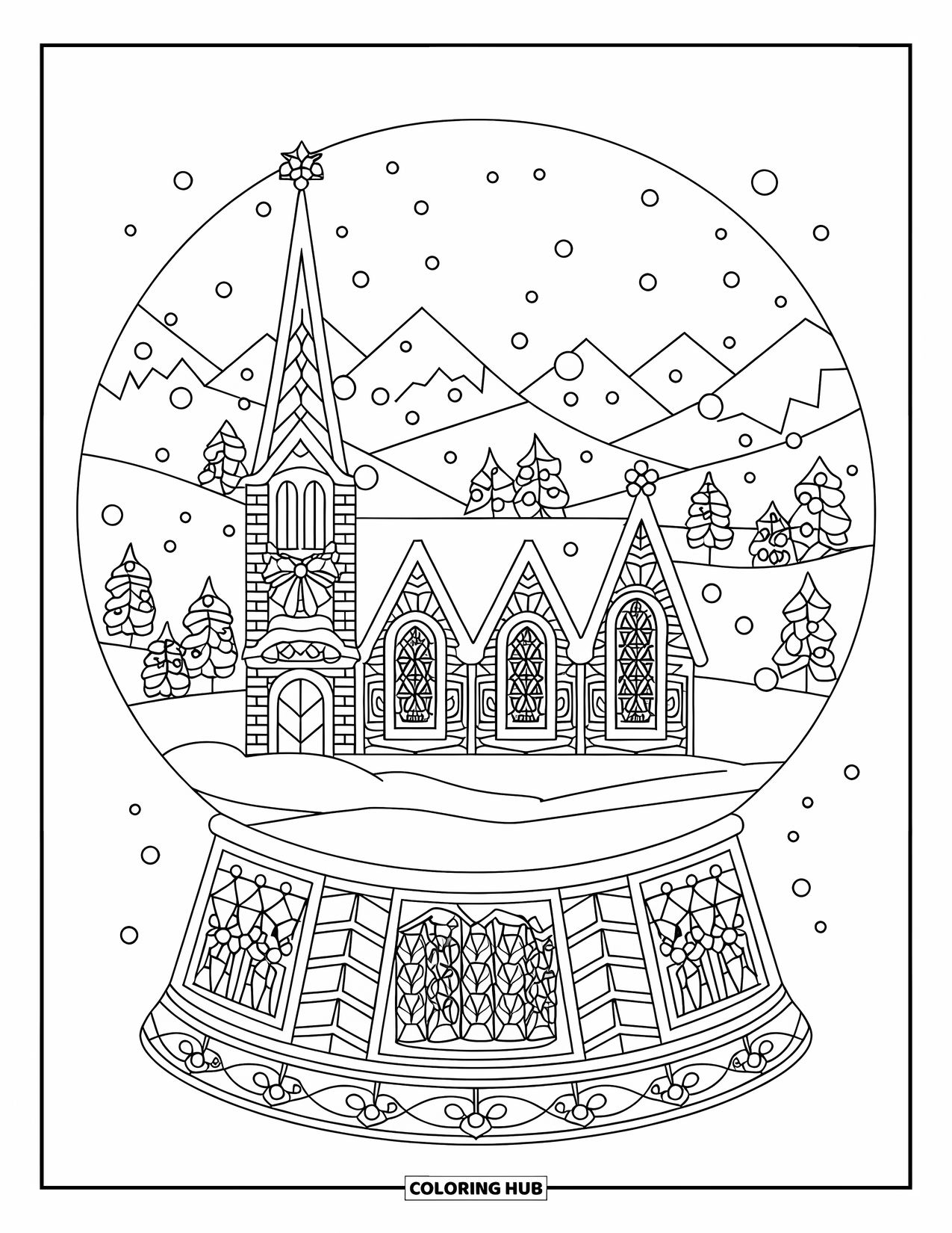 Christmas Snow Globe Coloring Page for Adults: A snow globe with a steepled church, stained glass, and holly berries