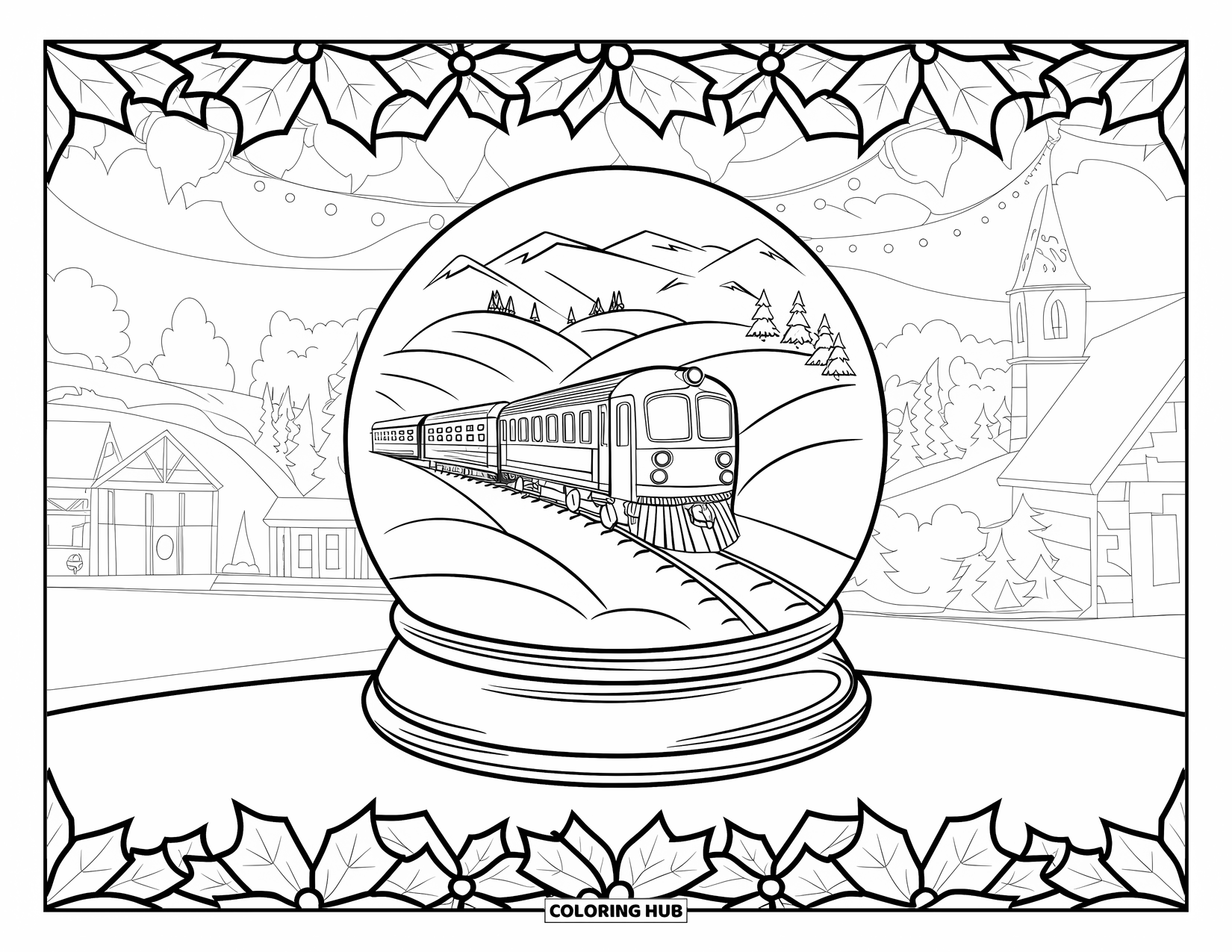 Christmas Snow Globe Coloring Page for Adults: A snow globe with a train and village framed by holly mandalas