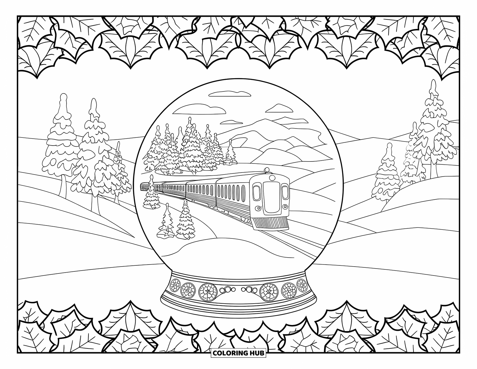 Christmas Snow Globe Coloring Page for Adults: A snow globe with an old train traveling through snowy hills and holly mandalas