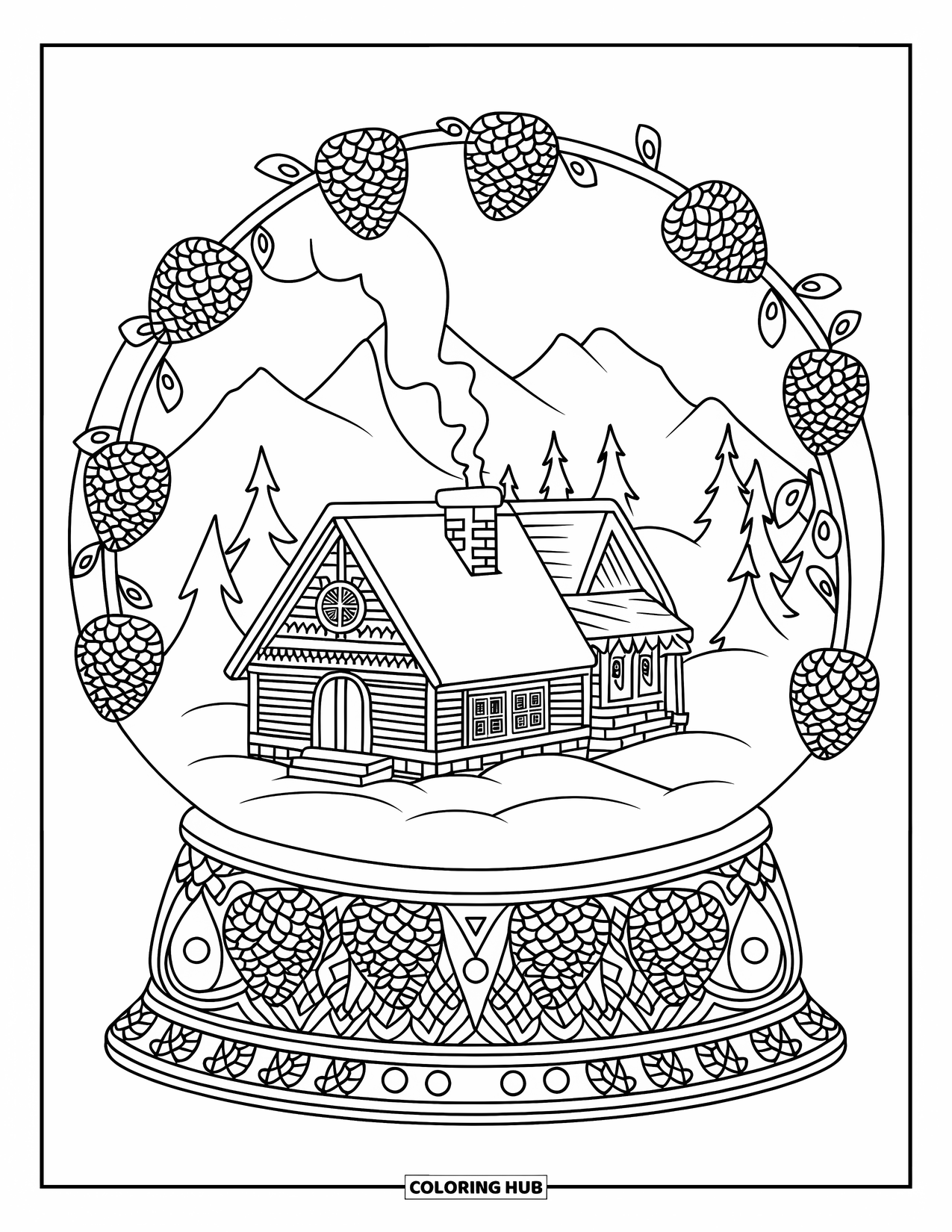 Christmas Snow Globe Coloring Page for Adults: A snowy cabin and mountains framed by pinecone vines in a snow globe