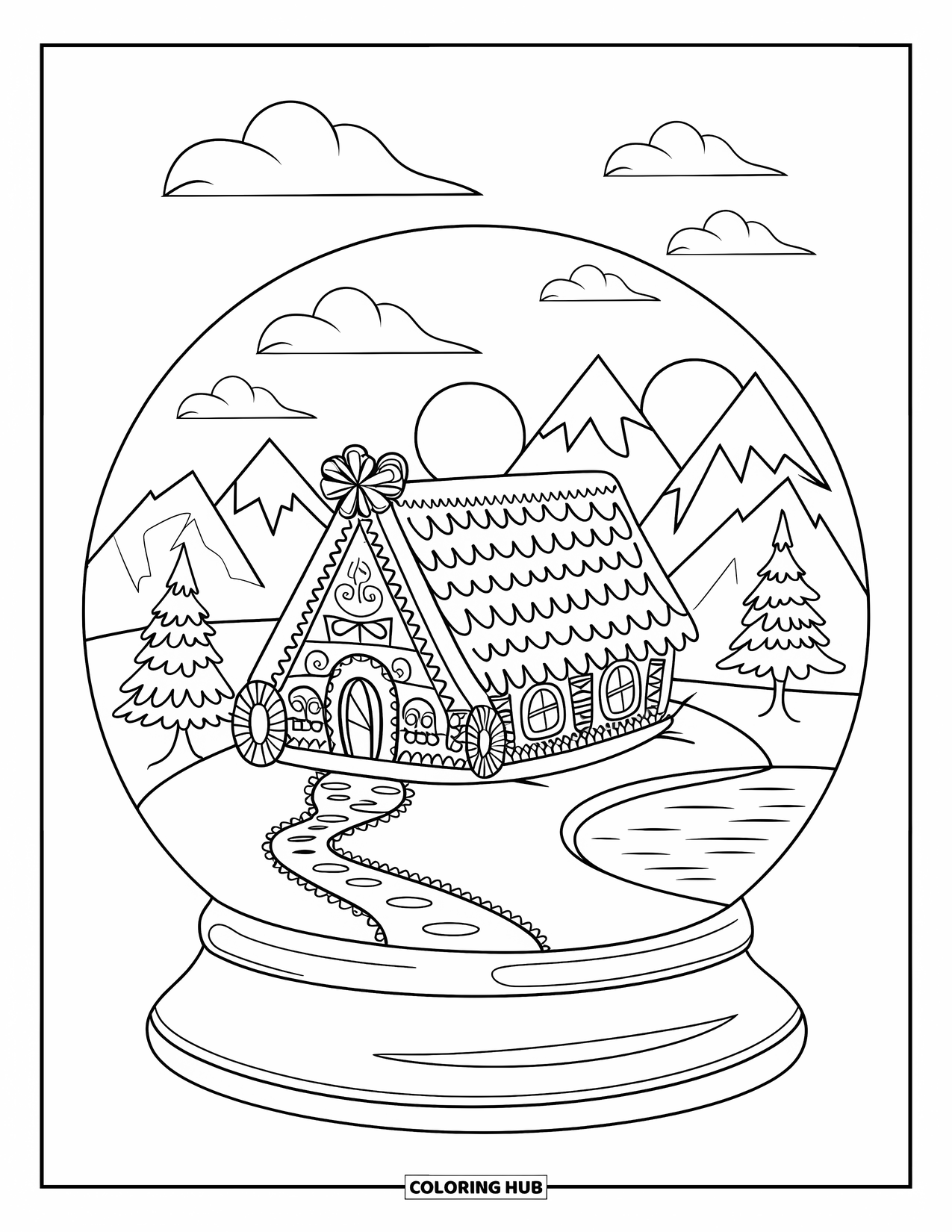 Christmas Snow Globe Coloring Page for Adults: A snowy gingerbread house with mountains and lake inside a snow globe