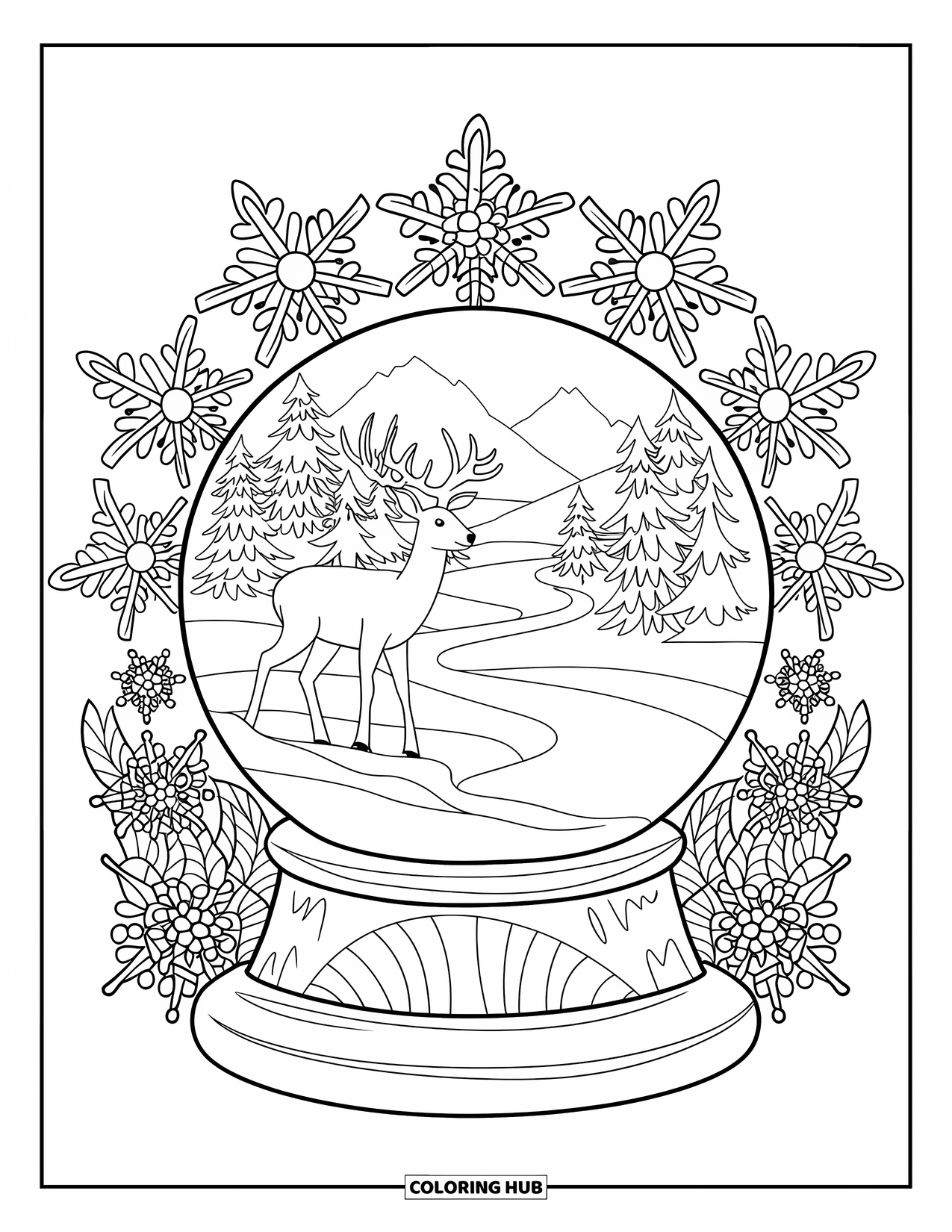 Christmas Snow Globe Coloring Page for Adults: A snowy river with a deer inside a snow globe with floral mandalas