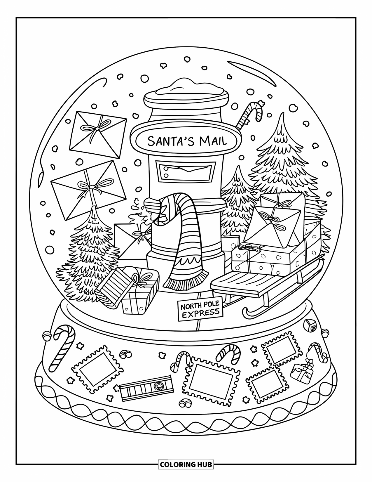 Christmas Snow Globe Coloring Page for Adults: A snowy ìSantaís Mailî postbox scene with letters, gifts, and a sled