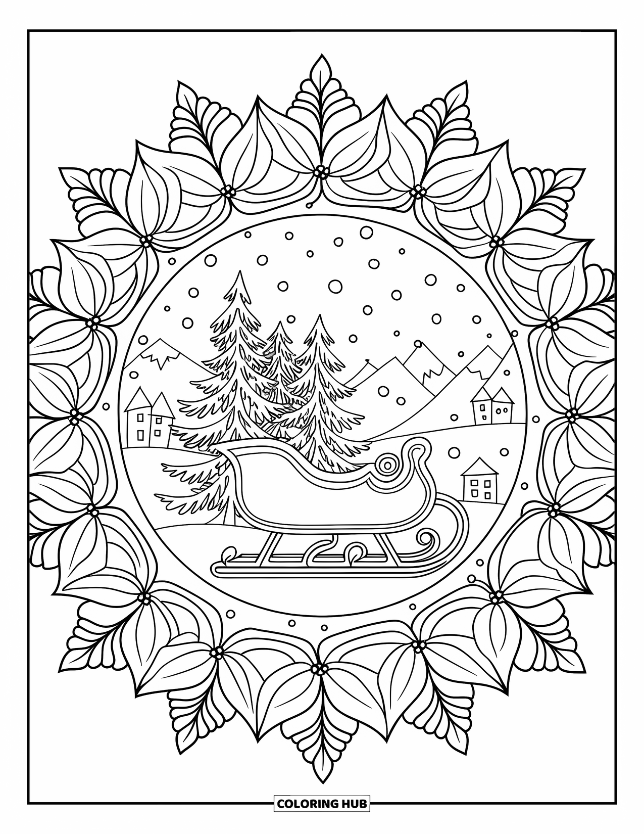 Christmas Snow Globe Coloring Page for Adults: A snowy scene with Santa's sleigh and poinsettia mandalas inside a snow globe